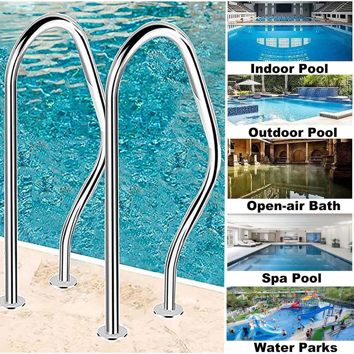Rampe de Piscine en Acier Inoxydable 304 avec Base de Montage Rapide - Mains Courantes pour Parcs Aquatiques - Accessoires Inclus