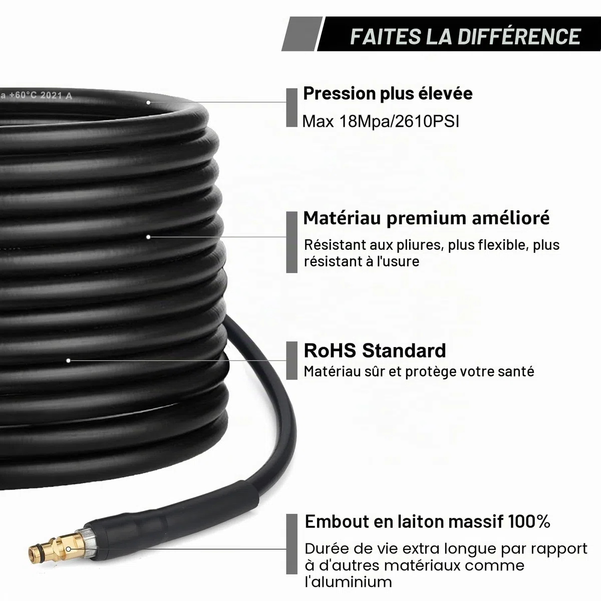 10m Tuyau d'extension de tuyau de rechange haute pression pour nettoyeur haute pression Karcher K Series K2 K3 K4 K5 K6 K7 Click Plug Quick Connector(10m)