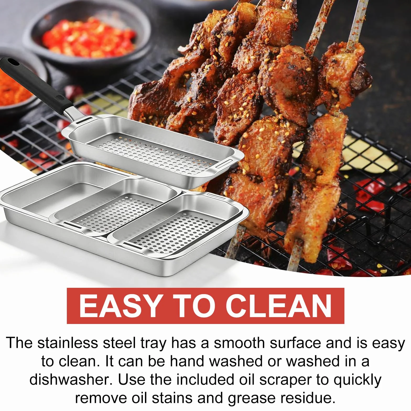 Panier à Barbecue en Acier Inoxydable Set, Panier à Légumes Barbecue avec Trous, Paniers de Grillades Avec Plateau de Service et Poignée Universelle, Accessoires BBQ Pour Poisson Viande Légumes
