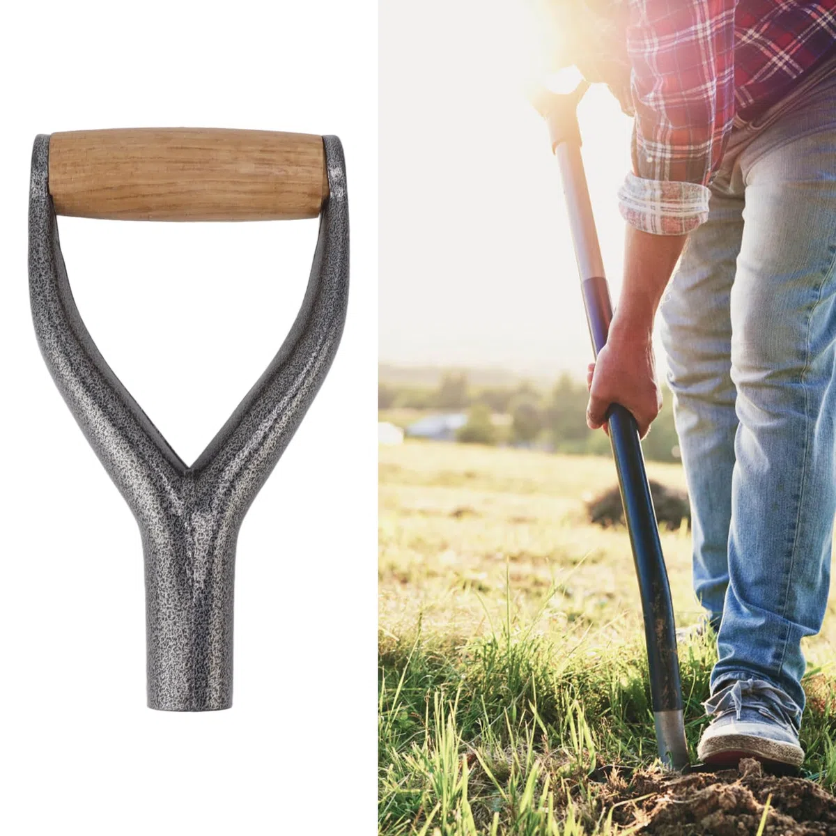 TOPINCN Manche de Bêche, Structure Robuste, Diamètre Intérieur de 12,22 Pouces, Manche de Pelle en Forme de Y, Design Ergonomique avec Manche en Bois pour Creuser des Outils (Argent)