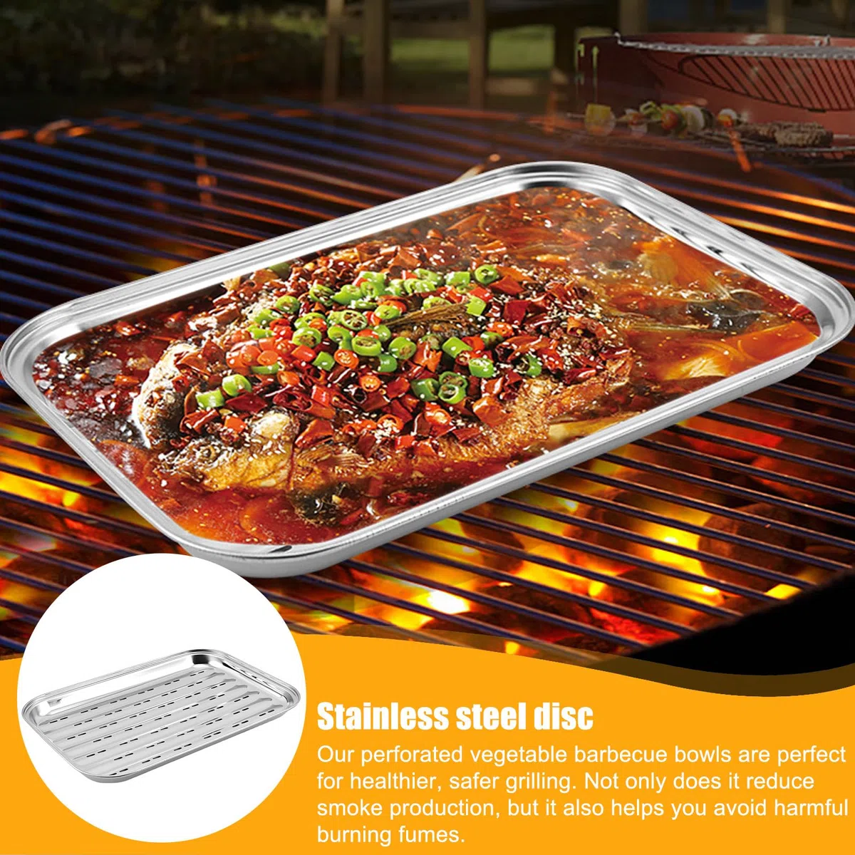 2 plateaux de cuisson en acier inoxydable pour barbecue : 34,9 x 24,5 x 2,7 cm. Plateau de cuisson réutilisable, panier à légumes, accessoire pour griller légumes, poisson ou viande.