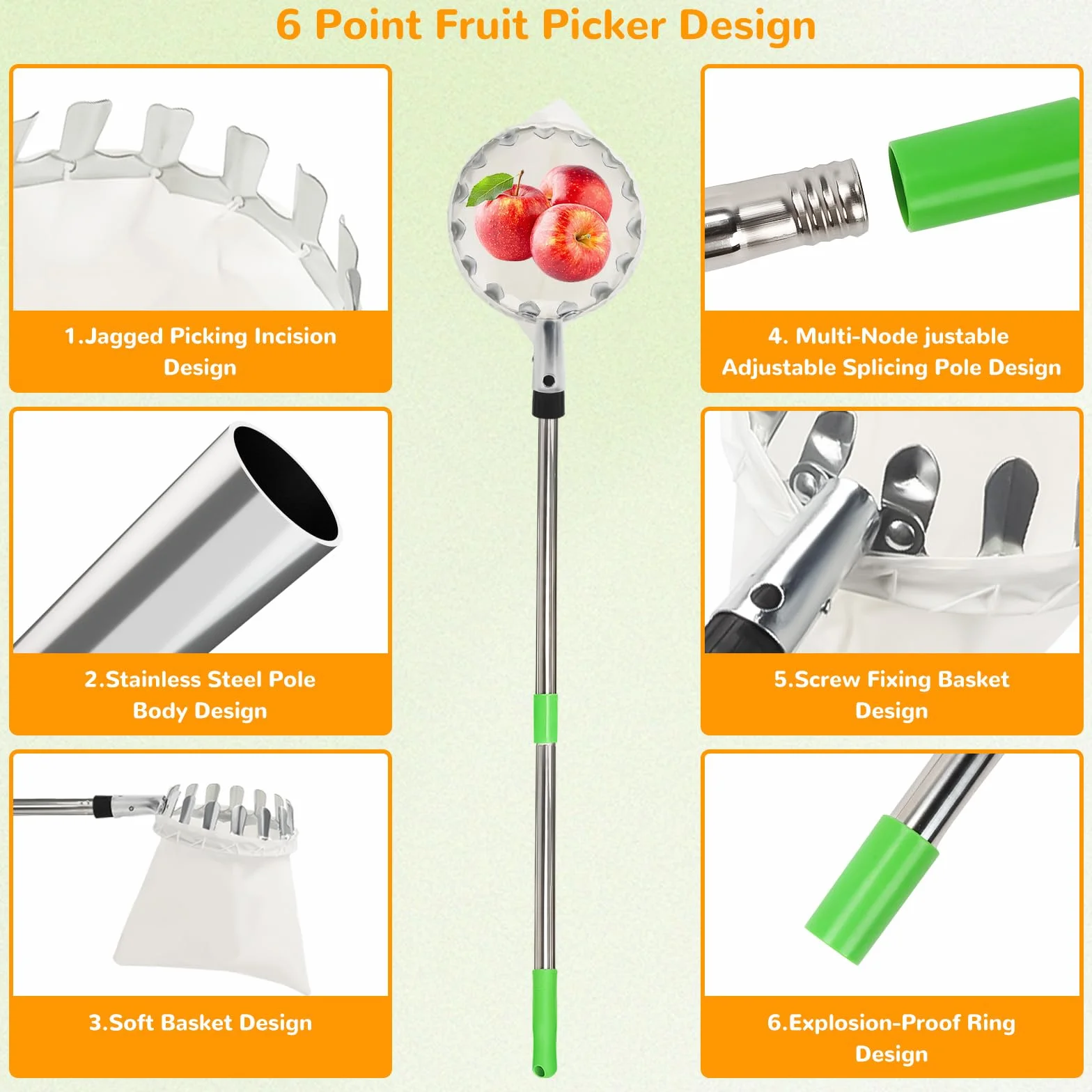 4M Cueille Fruit Telescopique, Ramasse Pomme INOX et Sac de Rangement, Cueille Pommes, Ramasse Fruits, Cueille Poires Cerise Réglable pour Pommes Poires Oranges Pêches Cerises