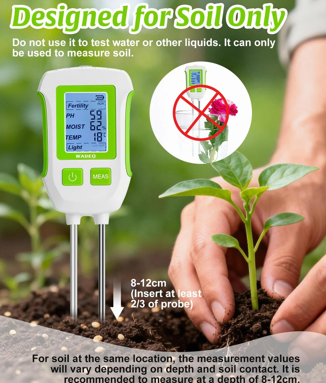 WADEO Testeur de Sol Numérique 5-en-1 avec Écran LCD Rétroéclairé, Mesure Précise du pH, Fertilité, Humidité, Temp. et Lumière, pour Jardinage, Agriculture, Plantes d'Intérieur et d'Extérieur