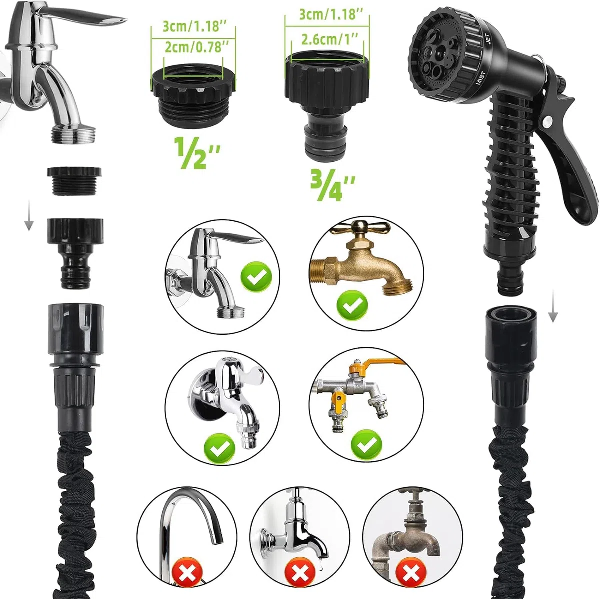 Tuyau d'arrosage extensible de 30 m pour jardin flexible avec pistolet pulvérisateur 7 fonctions, tuyau d'arrosage extensible magique pour jardinage, lavage de voiture (noir)