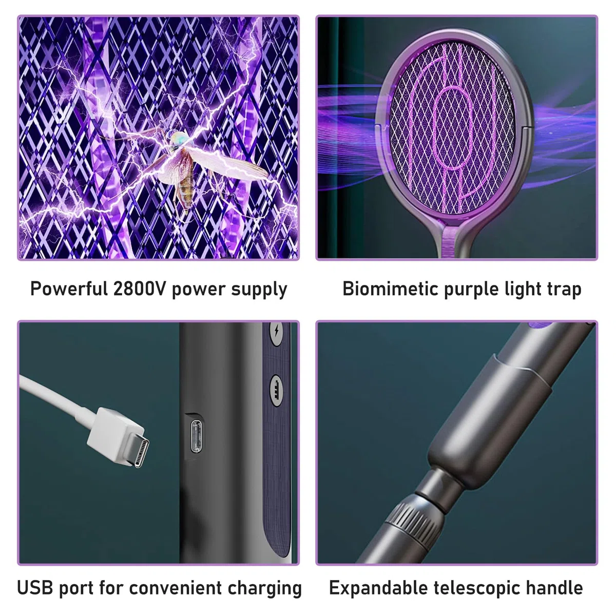Tapette à Mouches électrique, Tête Rotative Rechargeable, Piège à Mouches électrique avec Rallonge Télescopique Répulsif anti-Moustiques 2 en 1, Tapette à Mouches Rechargeable USB pour Chambre Cuisine