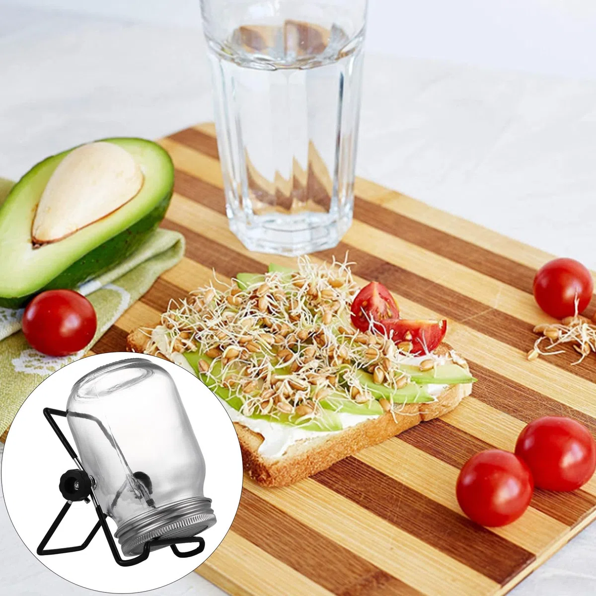ibasenice Kit de Germination à Bocal Mason 500 ML Couvercle en INOX et Support Noir Incliné – Ensemble pour Germoir de Graines, Culture Maison, Drainage et Aération Efficace