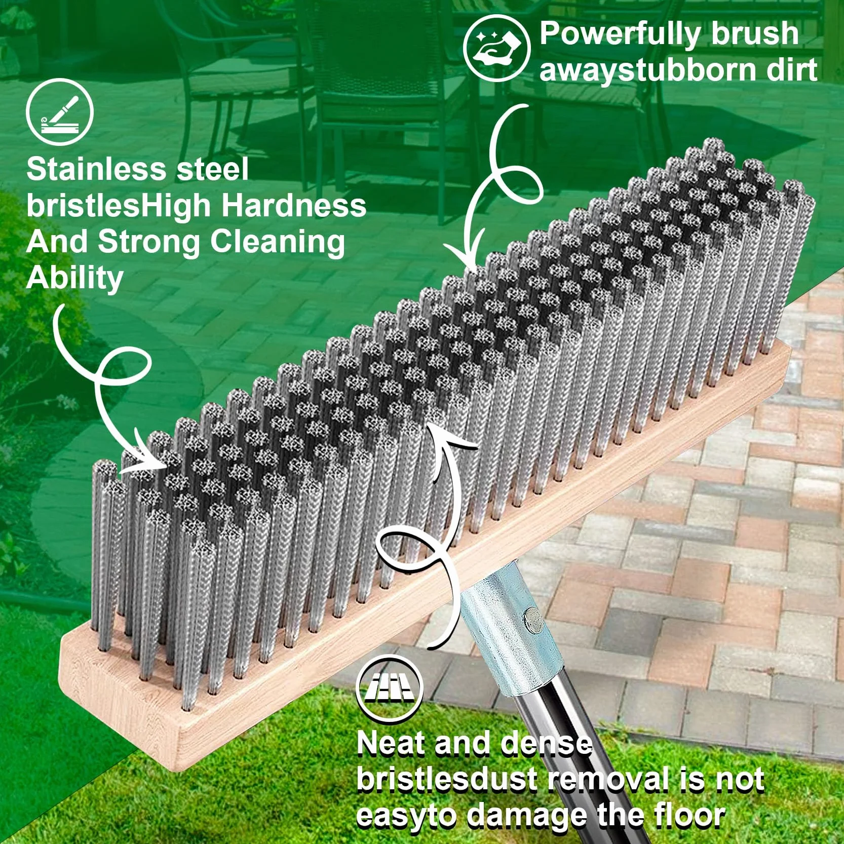 Balai Brosse Métallique Extérieur avec Manche Télescopique - Balai de Terrasse Puissant pour Enlever Saletés, Feuilles Mortes, Idéal Jardin, Allée, Toiture (Poils Durs)