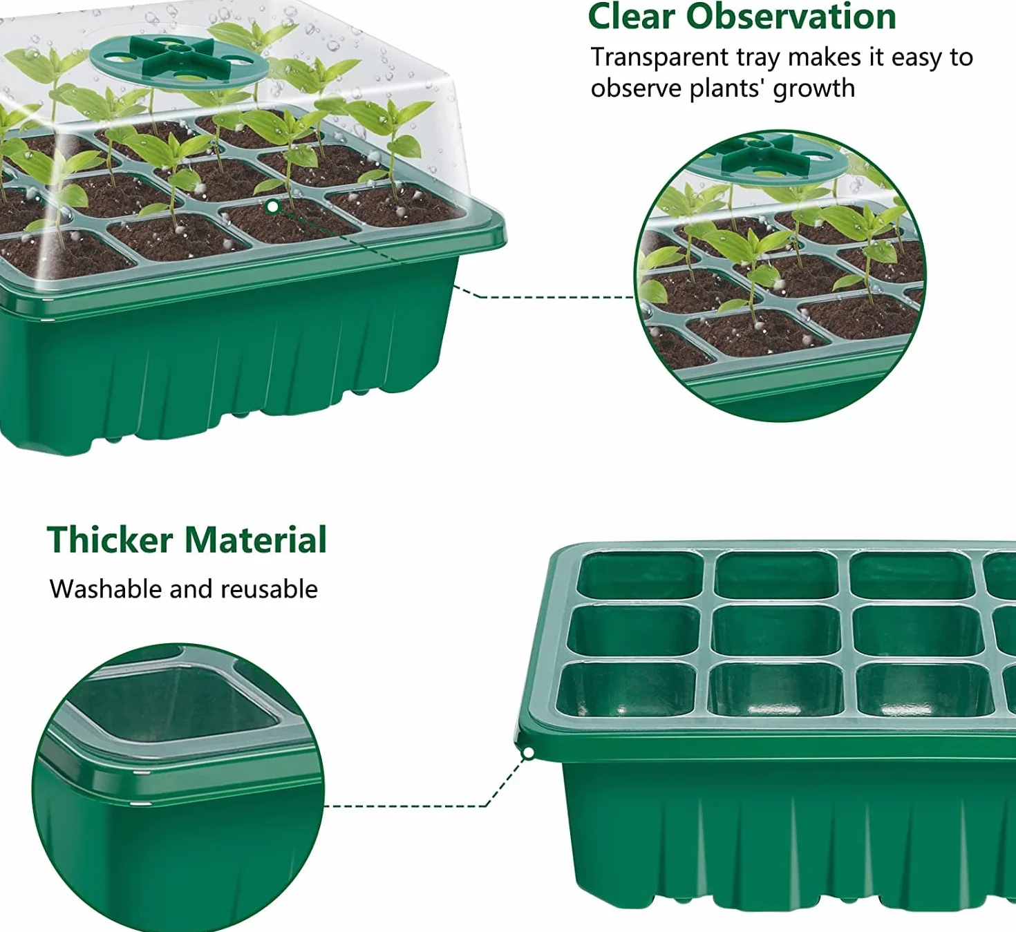 KAHEIGN 12Pcs Plateaux de Démarrage de Semences, 144 Cellules Plastique Très Résistant pour Propagation de Graines avec Dôme De Ventilation Et Socle, 20 étiquettes De Plantes, 2 Semis Outils