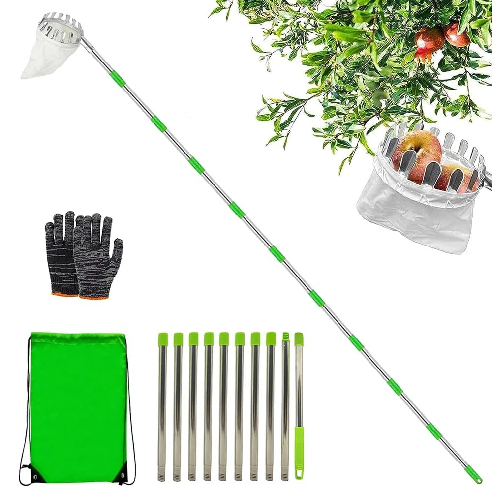 420cm Ramasse Fruit INOX, Cueille Fruit Con Perche, Cueilleur Fruits Amovible, Cueille Cerise, Cueille Pomme, Cueille Fruit, Outil Cueillette Jardin， Cueille-Fruits avec Sac, Ramasse Pomme