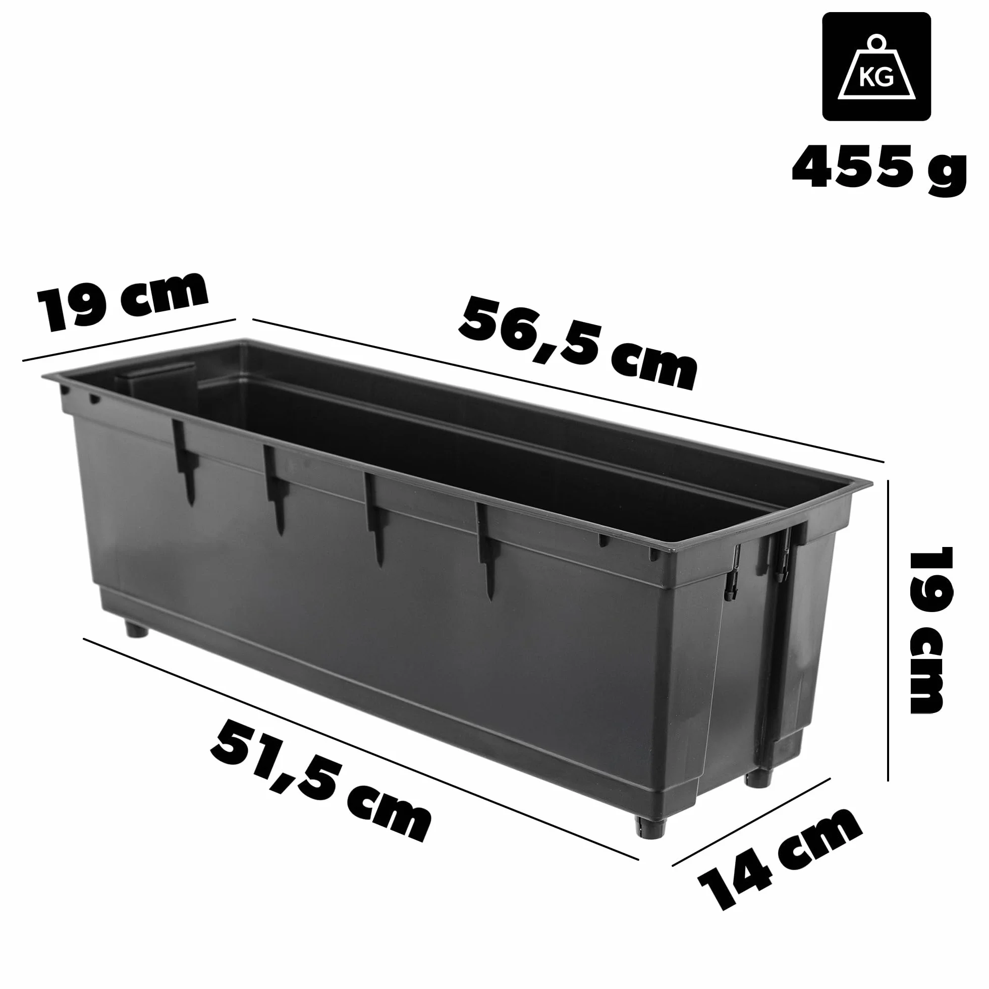 KADAX insert de 56 cm pour jardinière, insert en plastique noir, insert en plastique pour jardinière de balcon et jardinière, pot intérieur (56,5 x 19 cm)