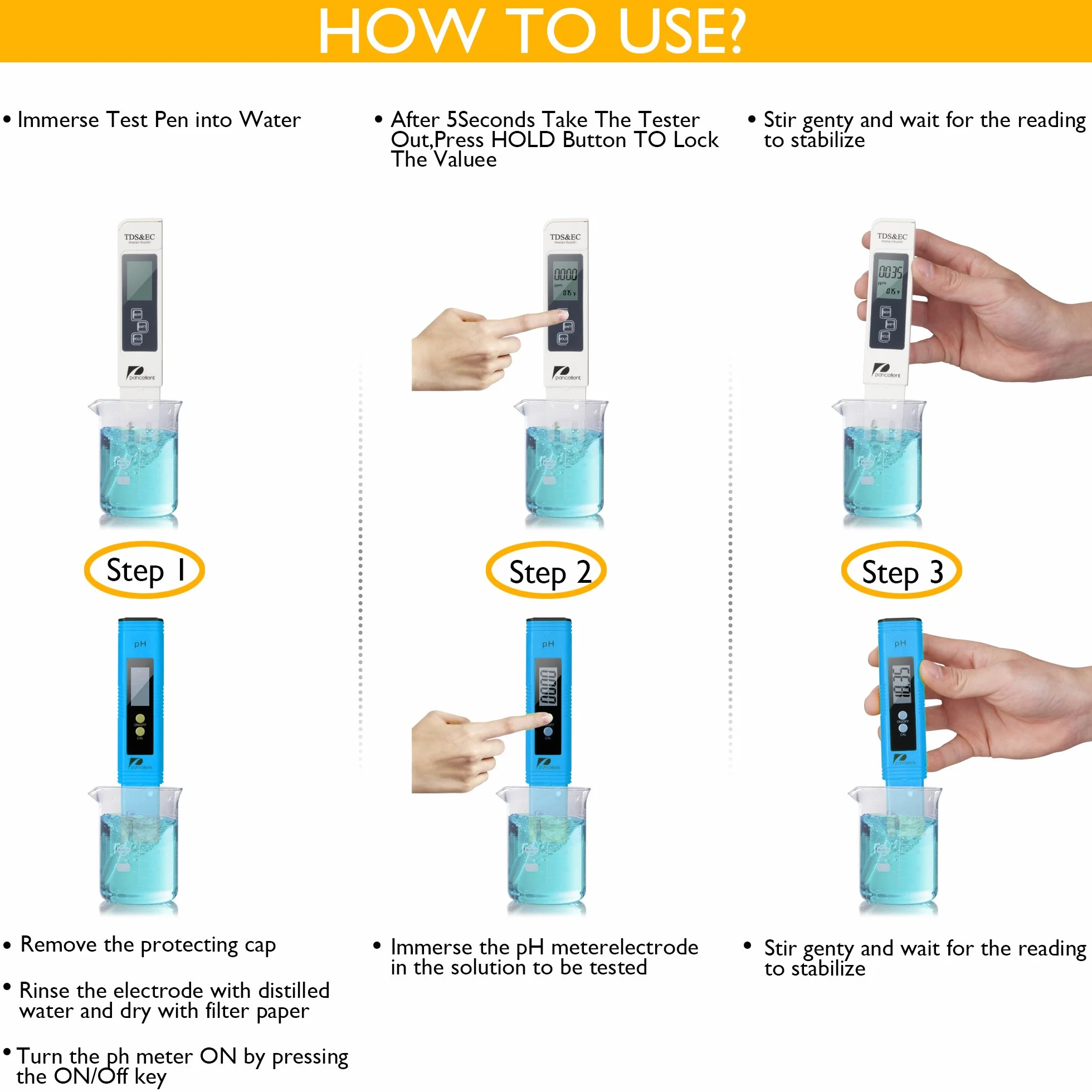 pancellent Mètre de Test de qualité de l'eau TDS PH EC Température 4 dans 1 Ensemble Testeur numérique avec Écran LCD Test pour Piscine, Aquarium (Bleu)