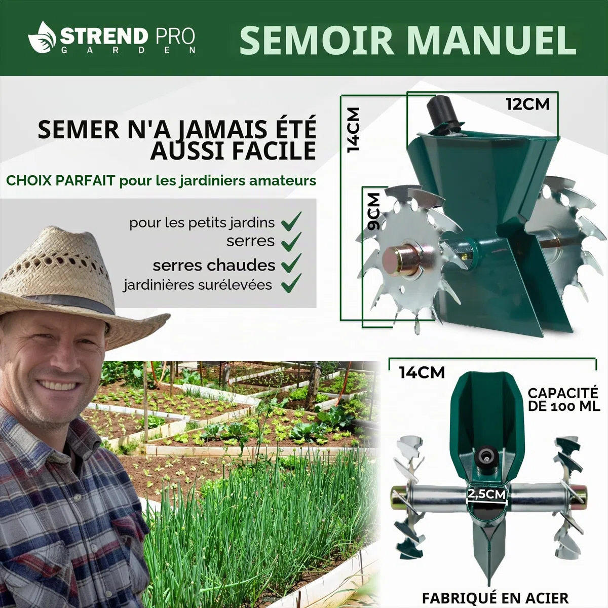 STREND PRO Semoir manuel - Métal - Simple rangée - Taille de graines réglable (1,5 ; 3,5 ; 5 mm) - Épandeur de graines pour petites surfaces, parterres, jardin, serres - Épandeur de graines manuel