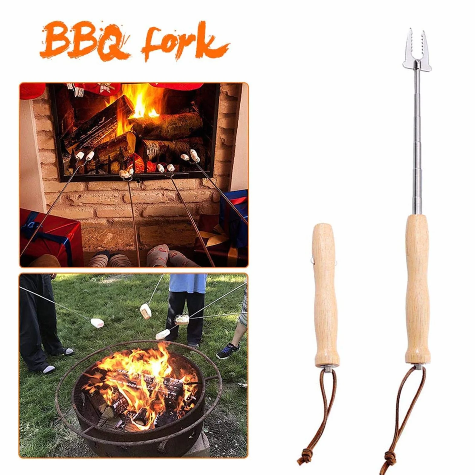 Lot de 4 brochettes à barbecue en acier inoxydable avec manche en bois - Pour barbecue, feu de camp et camping