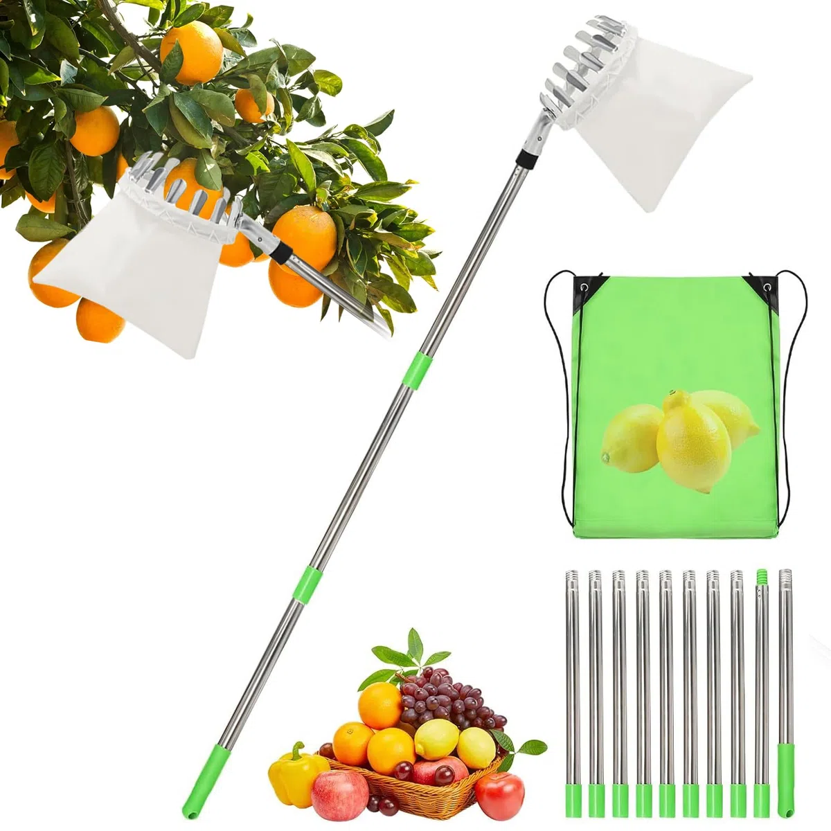 4M Cueille Fruit Telescopique, Ramasse Pomme INOX et Sac de Rangement, Cueille Pommes, Ramasse Fruits, Cueille Poires Cerise Réglable pour Pommes Poires Oranges Pêches Cerises