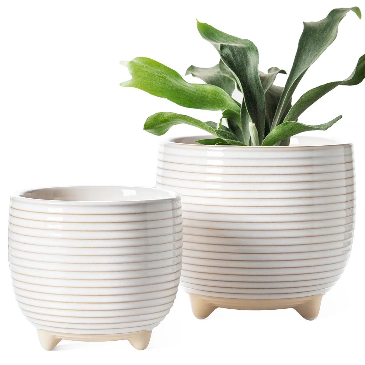 LE TAUCI Pot de Fleurs en Céramique, Pots sur Pieds 13+16 cm pour Plantes, Moderne pour la Maison et Le Bureau, Pot d’Intérieur avec Trou de Drainage, Blanc à Émail Réactif