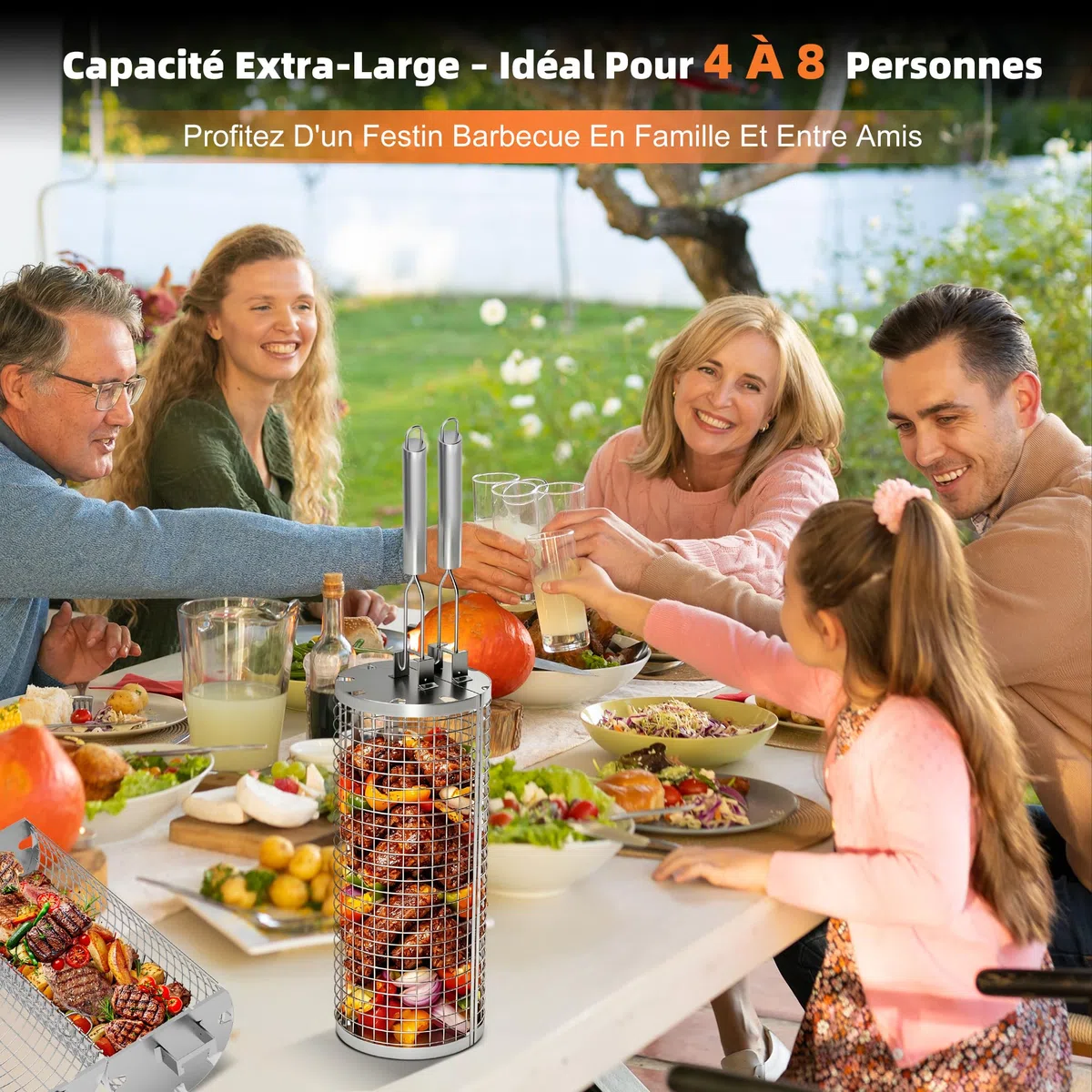 2 x Paniers de Gril en Acier Inoxydable de Rôtisserie, Accessoires de Barbecue avec Ouverture Latérale et Poignée Amovible, BBQ Légumes et les Petits Aliments, Cadeaux de Barbecue pour Hommes