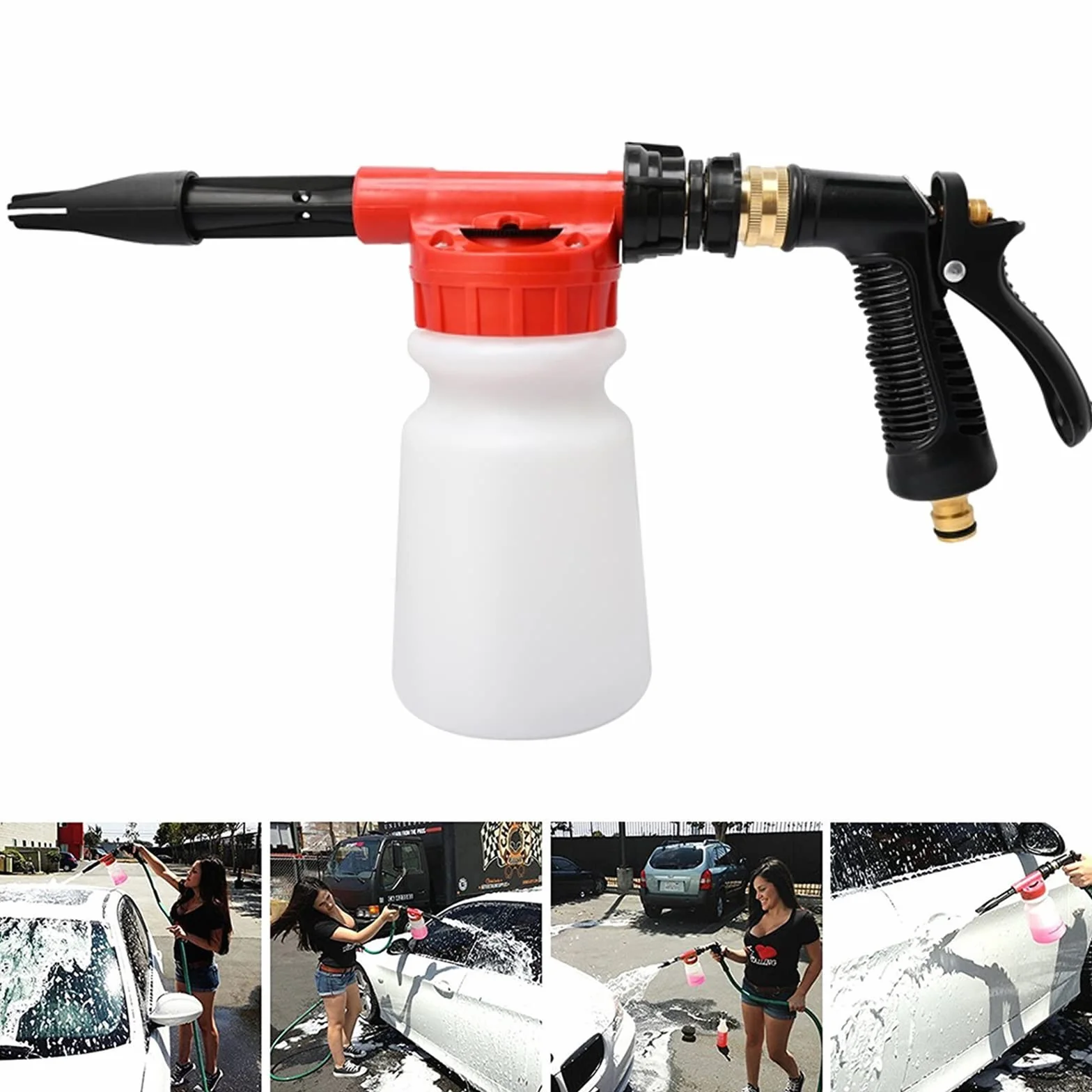 Pistolet à Mousse de Voiture 900ml, Lance à Mousse Réglable 2 En 1, Pistolet à Mousse de Nettoyage de Voiture Pour Raccordement de Tuyau D'arrosage (Rouge)