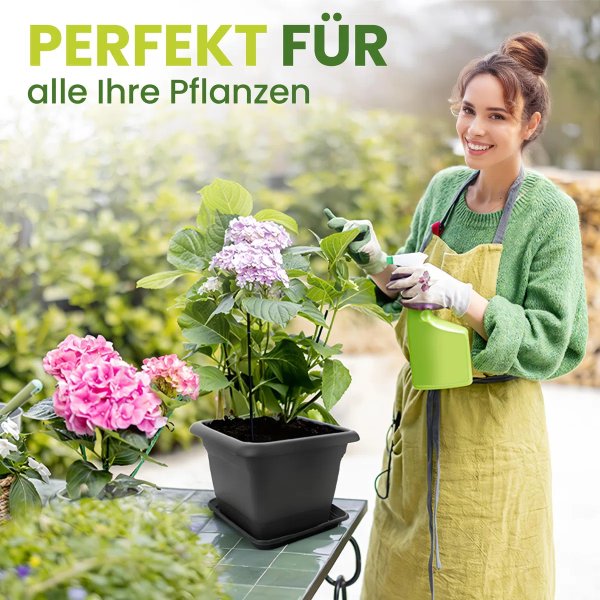 SUSTANIA Lot de 4 pots de fleurs - Grand format - Avec soucoupe - 28 x 28 cm - Carré - 16 l - Grand pot à plantes extérieur - Fabriqué en Allemagne - Anthracite