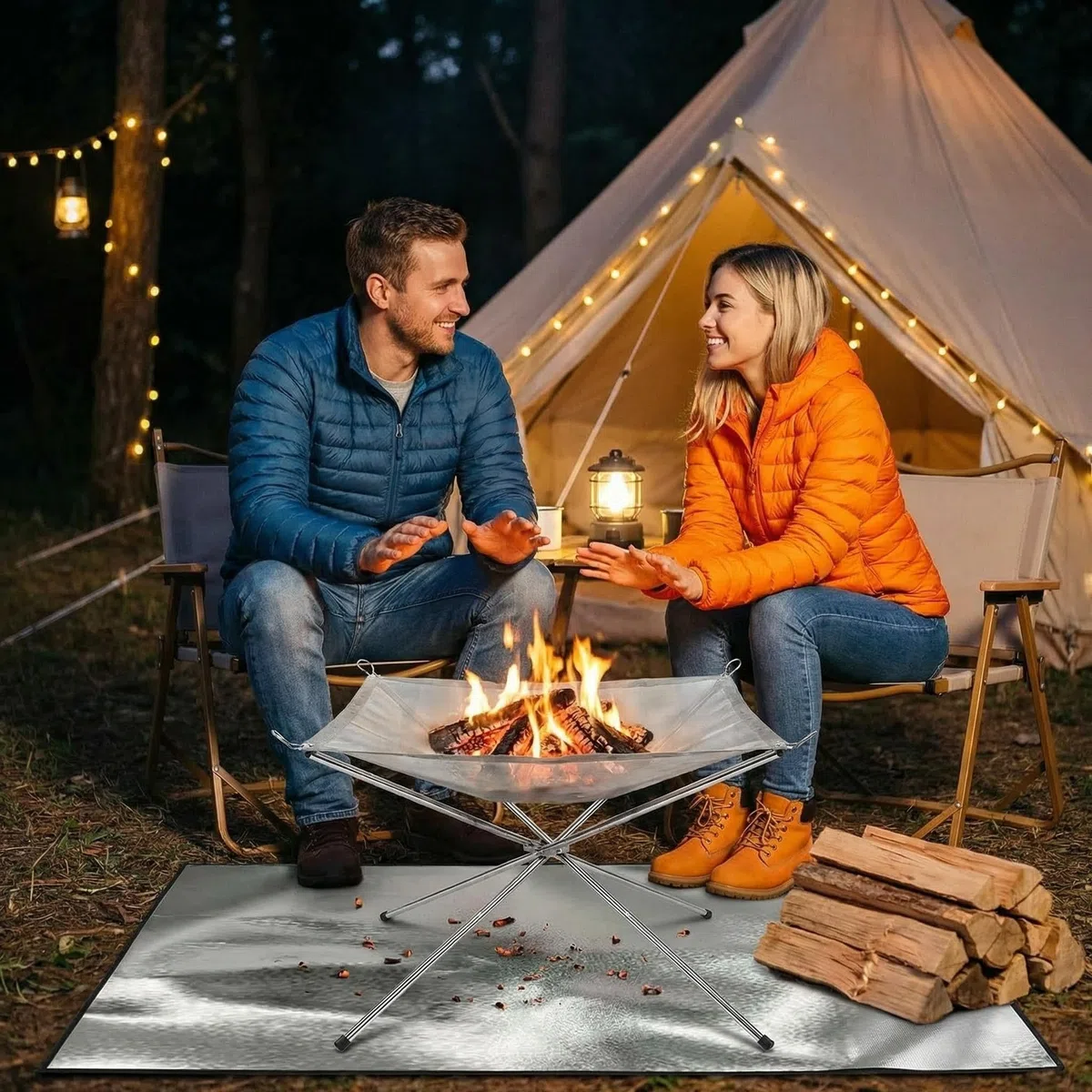 Foyer portable pour l'extérieur, 56 cm, en acier inoxydable, avec tapis de feu et sac de transport, foyer d'extérieur en acier inoxydable pour extérieur, jardin, camping, patio, barbecue
