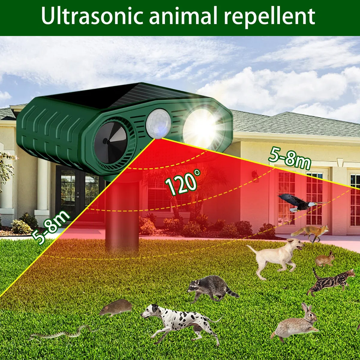 Répulsif Chat Ultrason, 3 Modes Repulsif Chat Solaire & Solaire et USB Répulsif Animaux, IP54 Étanche Repulsif Chat Exterieur avec Détecteur et Flash pour Chats Chiens Souris Ratons Animaux de Jardin