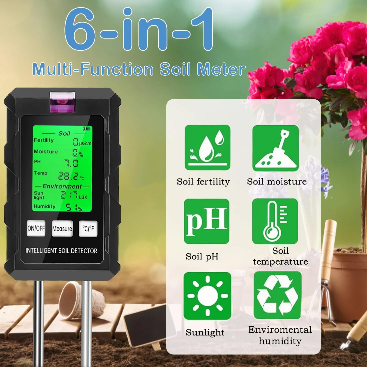 Testeur d'humidité du Sol，Testeur Sol 6 en 1，Hygrometre Plante avec pH Humidité Fertilité du Sol Lumière du Soleil Détection de Température Testeur Humidité Plante， Adapté au Jardinage et Aux Plantes