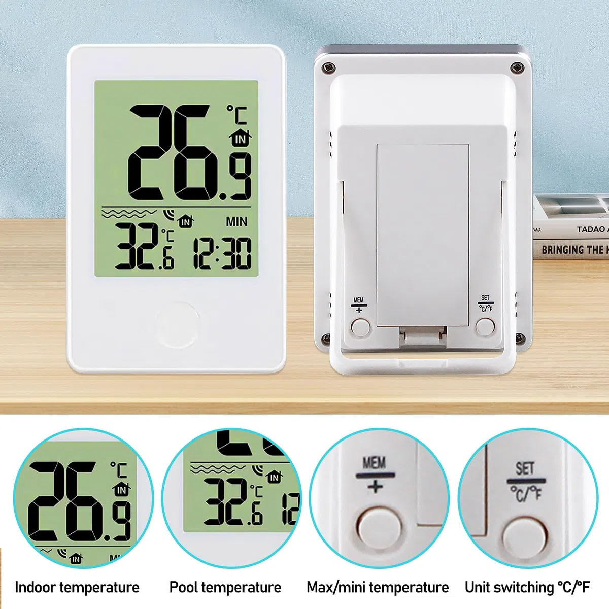 BYZESTY Thermomètre de piscine numérique sans fil avec capteur de piscine, écran LCD et moniteur d'humidité pour baignoire, bassin à poissons, étang