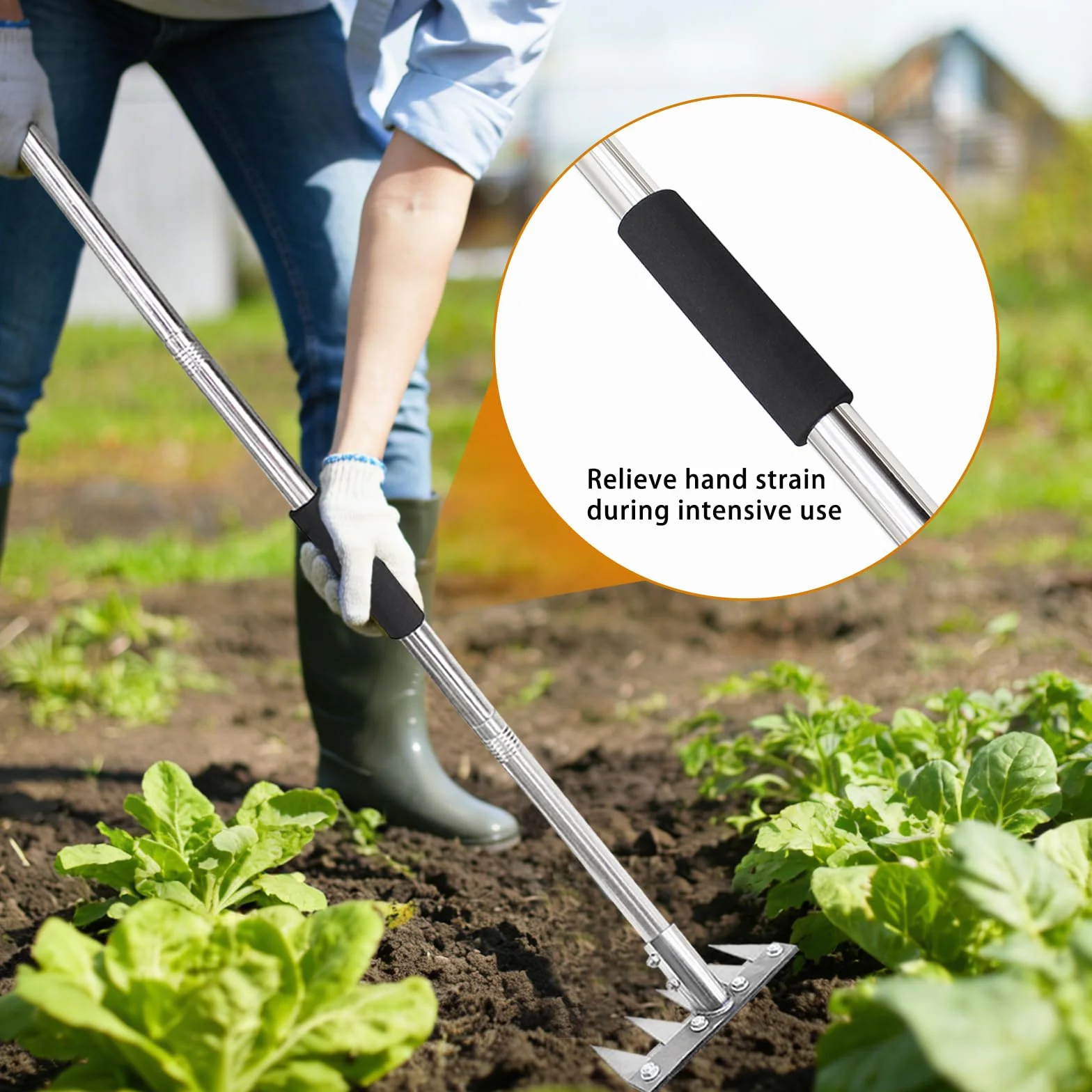 Râteau de Jardin 8 Dents avec Manche Métallique 1,2 m, Outil de Désherbage Manuel, Griffe de Jardin Portable pour Ameublir Le Sol, Désherber et Semer
