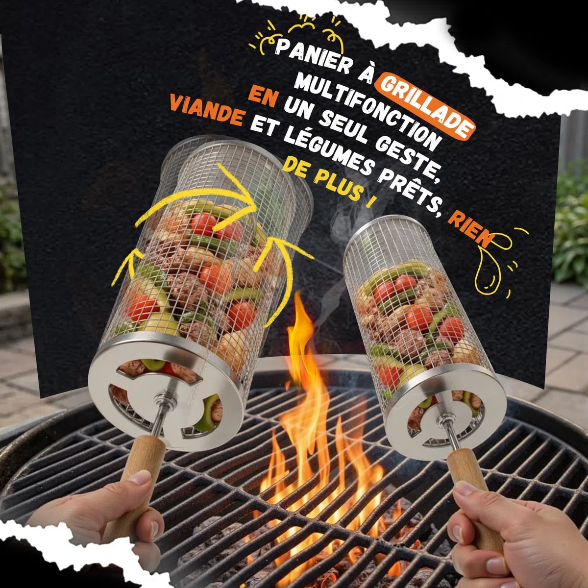 Paniers À Barbecue Set De 2,Accessoires Barbecue Pour Légumes,Crevettes, Champignons,Manche En Bois Amovible,Acier Inoxydable 304,Grillades En Extérieur,Cadeau Pour Hommes Et Papas (Argent brillant)