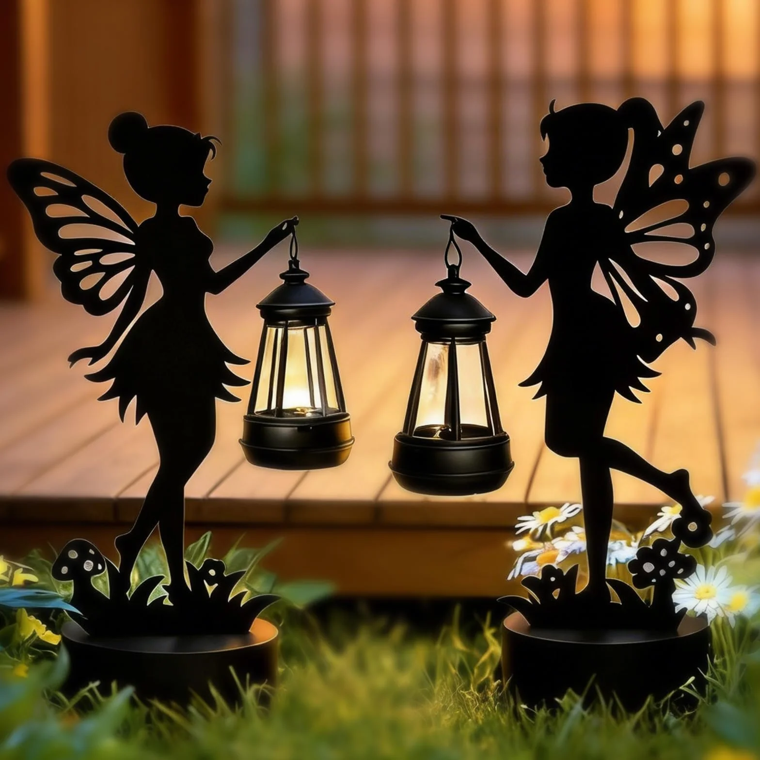 Lot de 2 Figurines de Fées avec Lampes Solaires, Décorations de l'extérieur Jardin étanches pour Terrasse, Cour, Garniture en Fer Noir Éclairage Blanc Chaud