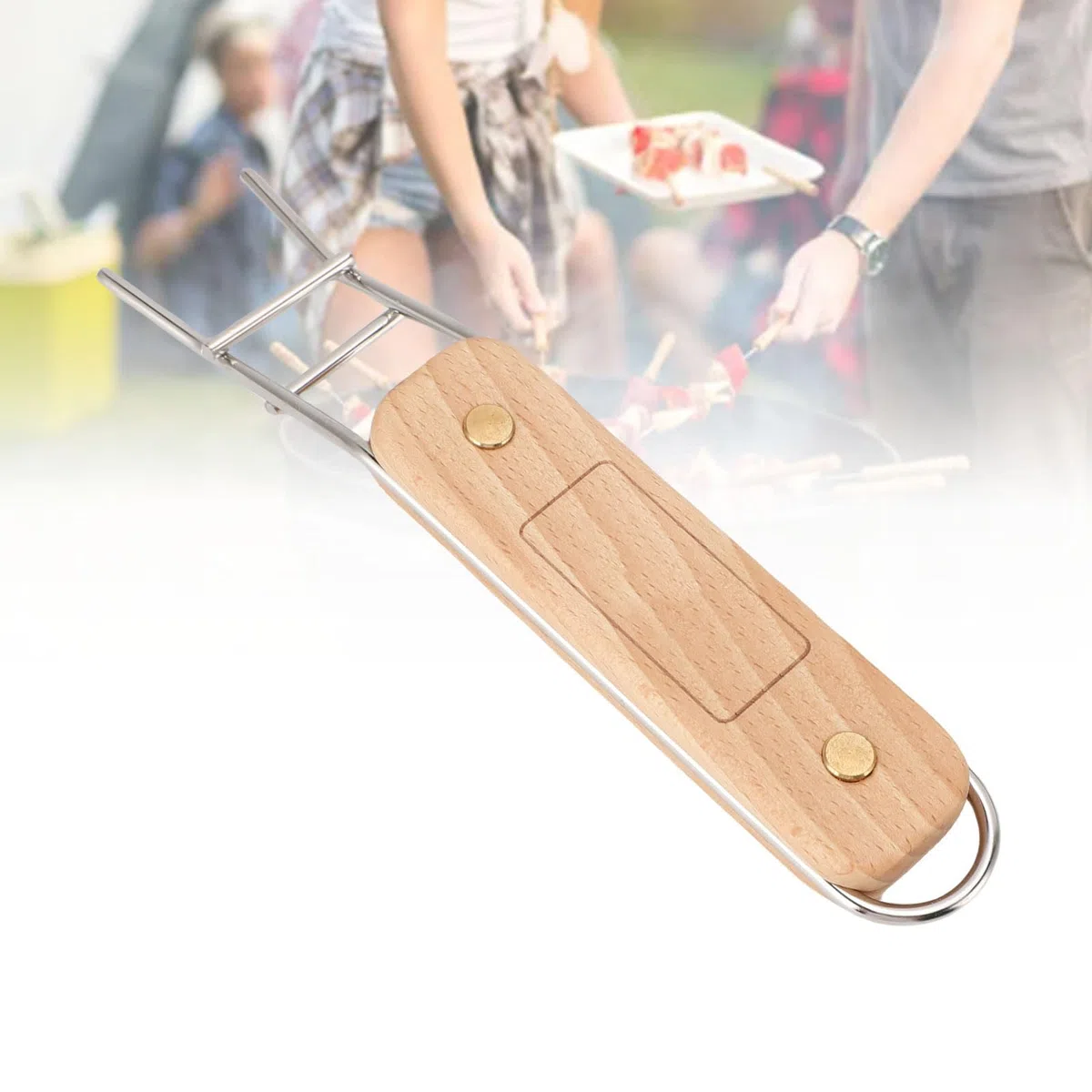 Poignée de Barbecue en Acier Inoxydable avec Lève-grille en Bois, Antidérapante et Multifonctionnelle pour Camping et Cuisson Extérieure