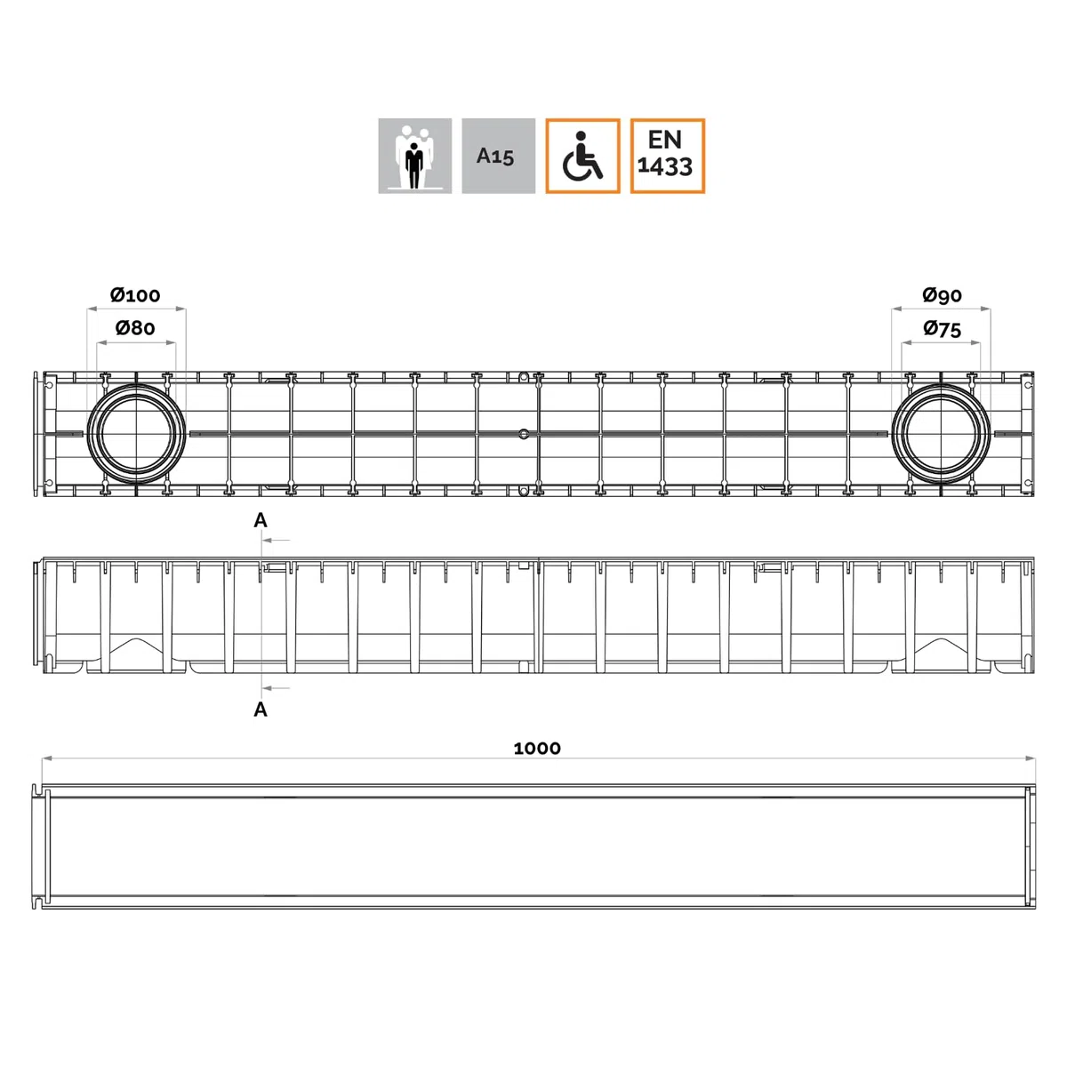 Jardibric - Caniveau Drainage A15 1 m - Grille Acier Galvanisée - Polypropylène - 118 x 118 mm