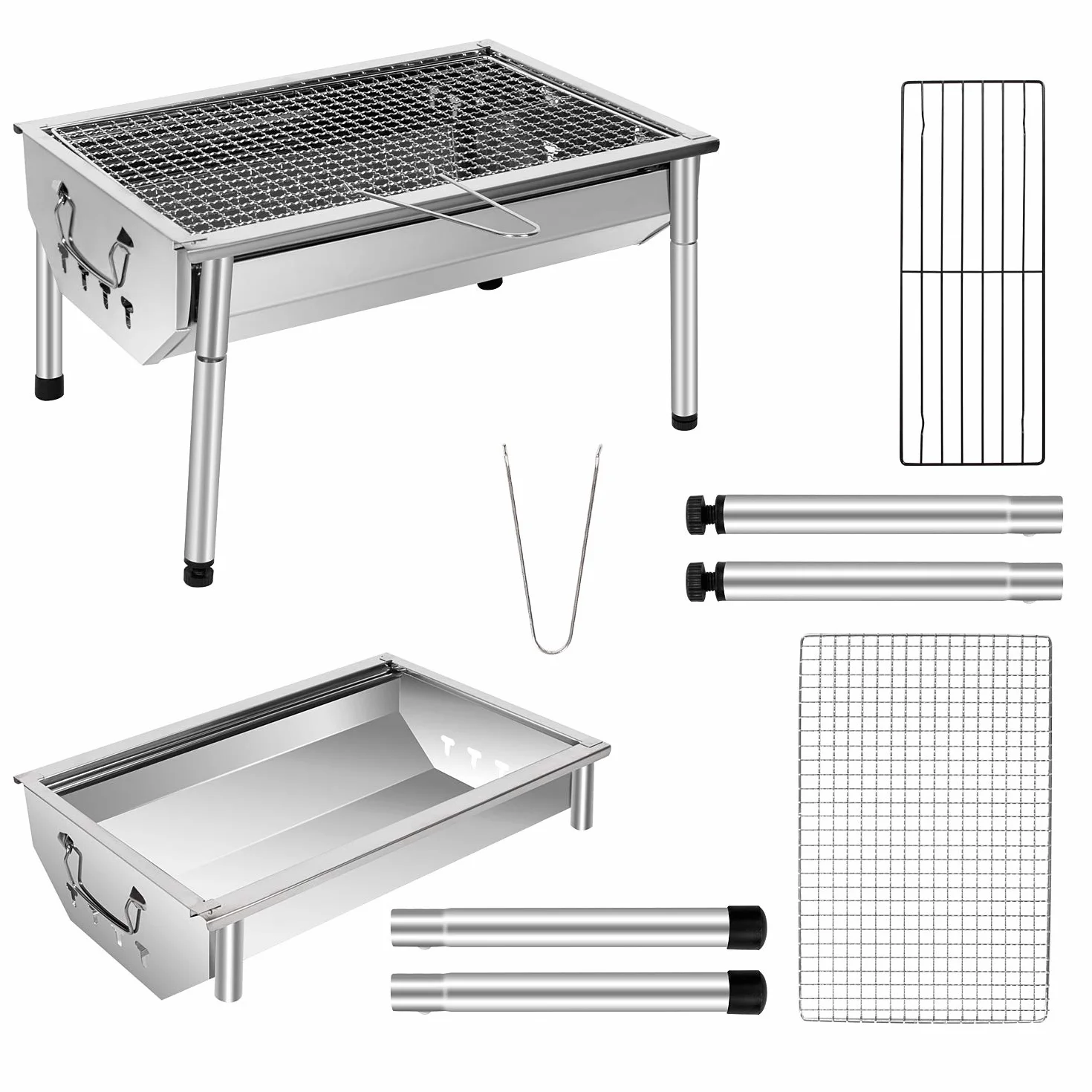 Barbecue Charbon de Bois INOX Ajustable Barbecue Démontable en Acier Portable BBQ Exterieur Grille sur Pied pour Jardin Pique-Nique Camping