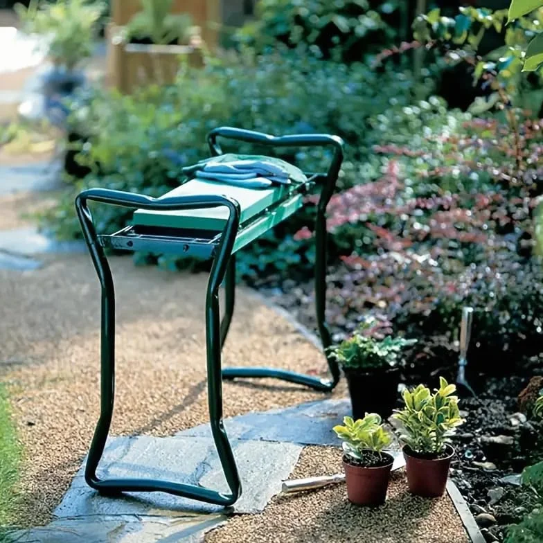 KNEEBENCH Banc de jardin avec coussin de genoux souple pour le jardinage – Tabouret de jardin pliable jusqu'à 170 kg avec 2 poches à outils – Chaise de jardin pour s'agenouiller et s'asseoir