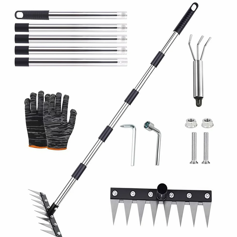 Râteau de Désherbage avec Manche Télescopique 185 cm,8 Dents Rateau Scarificateur en Acier Robuste,Râteau de Désherbage Multifonction en Métal,pour Le Jardin,Le Désherbage,Le Travail du Sol,Le semis