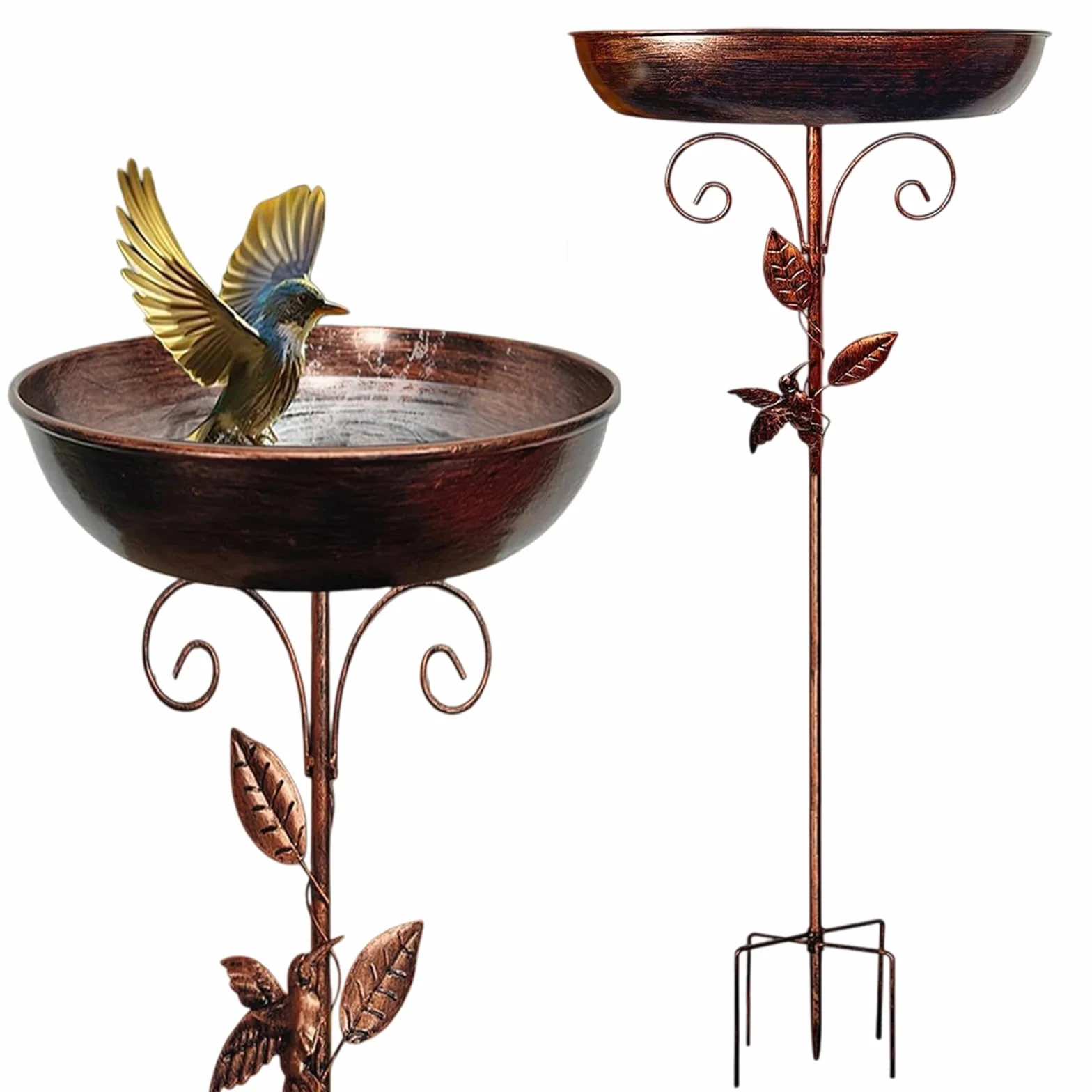 Bain d'oiseaux debout pour oiseaux - Bain d'oiseaux pour le jardin - Bain d'oiseaux avec oiseau et feuille - Base améliorée à 5 dents - En métal - Pour terrasse, cour, décoration de pelouse