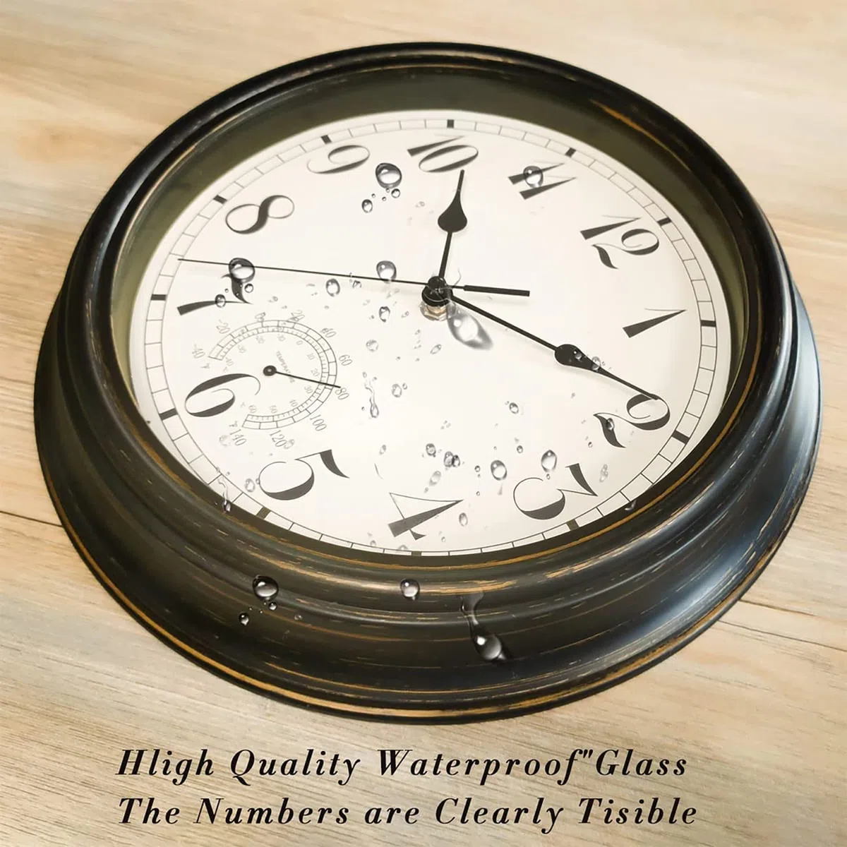 Grande horloge murale d'extérieur et d'intérieur étanche de 30.5 cm avec thermomètre, résistante aux intempéries, sans tic-tac, fonctionne avec des piles, salle de bain, cadeau