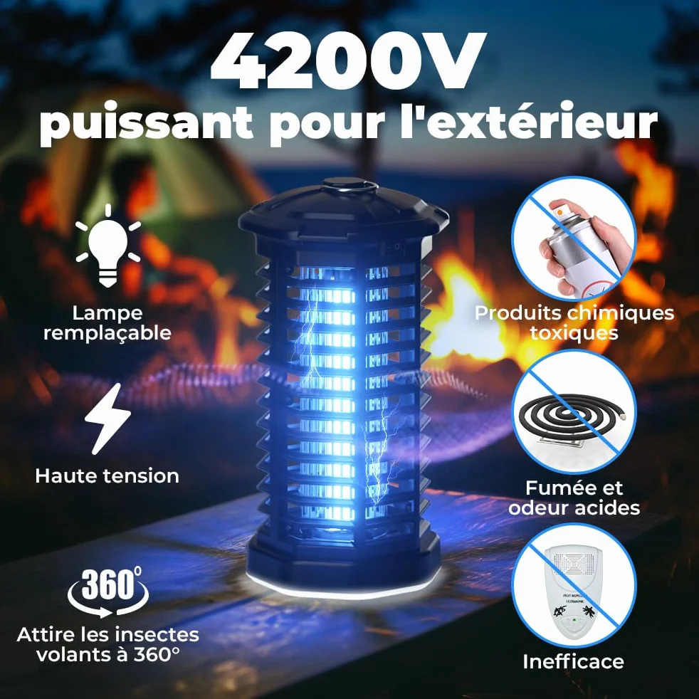 YISSVIC Lampe Anti Moustique 4200V Appareil Anti Mouche 15W Tueur Mouche Electrique IPX4 avec Éclairage LED Lutte Contre Moustiques Mouches et Autres Insectes Volants pour Interieur et Extérieur