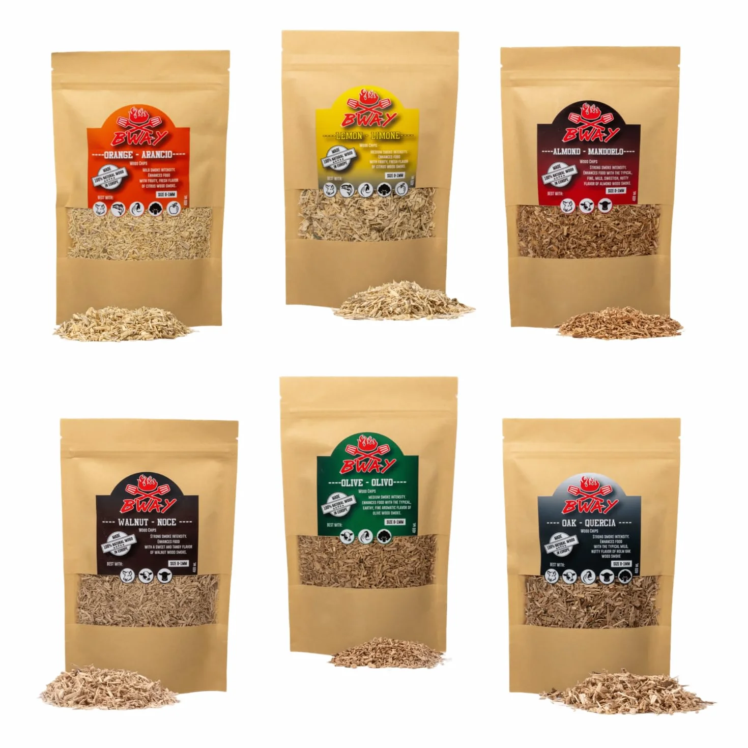 BWAY Sciure de Bois pour Fumage a Froid Saveur Olivier, Oranger, Amandier, Citronnier, Noyer et Chêne compatible avec un Fumoir à Froid | Bois de Fumage avec eBook Offert avec 20 Recettes (6 x 400 ml)