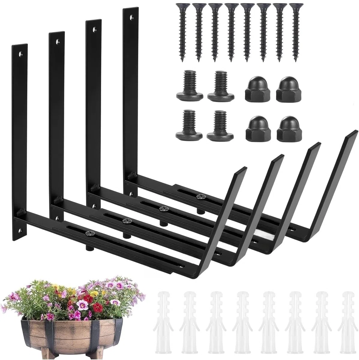 LATERN 4 Pièces Supports de Jardinières de Fenêtre, 15CM - 30CM Réglables Jardinière Support Robuste Métal Jardinière Fixation Murale Crochet pour Balcon Clôtures Terrasse Jardin Mur Rampes Rebord