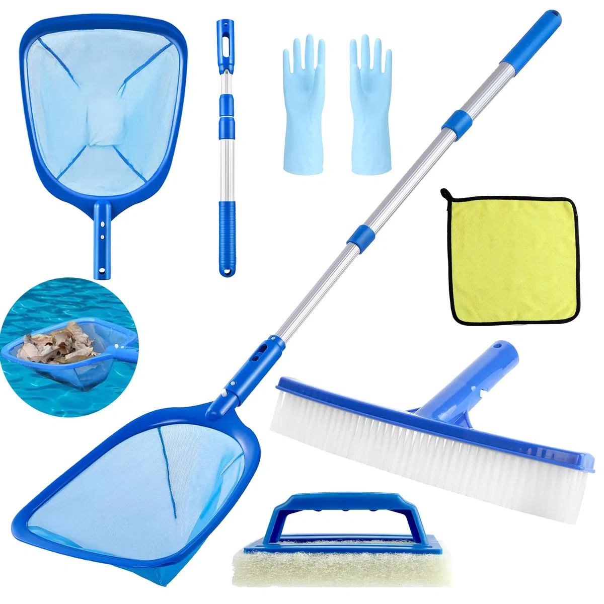 6 Pièces Kit de Piscine Nettoyage, Epuisette Piscine avec 44-88CM Télescopique Réglable, Épuisettes de Surface pour Piscine, Filet de Piscine pour Piscines, Spas, Fontaine