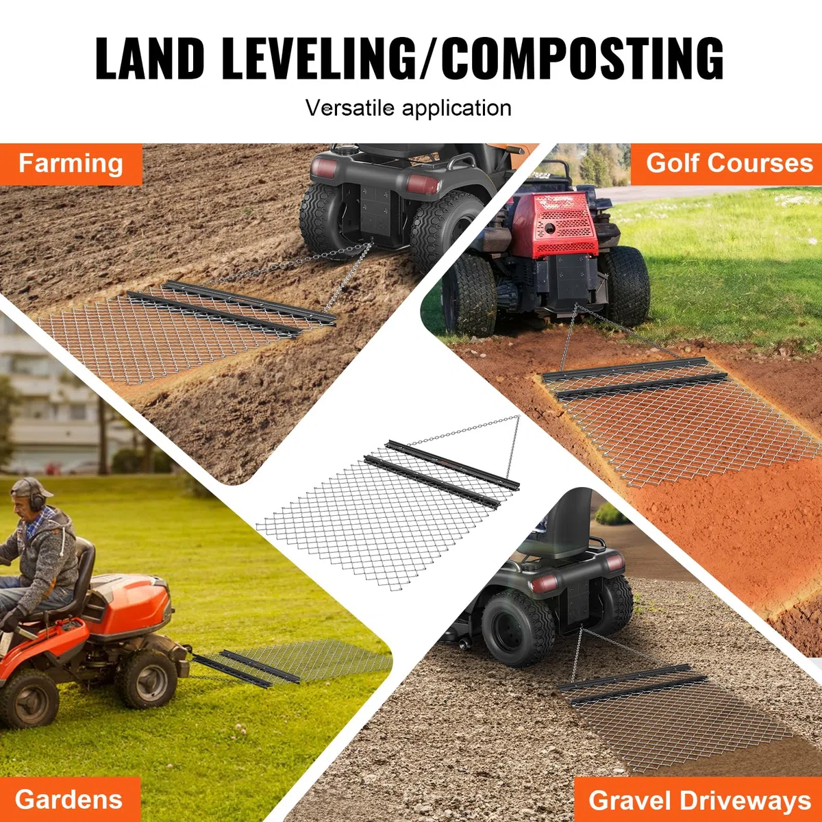 VEVOR Herse Traînée à Chaîne 1550x1235 mm Niveleur d'Allée Acier Q235 Tapis de Traînage Nivellement de Paysage, Préparation de Gazon, Remorquable pour Tracteur, VTT, UTV, Allée Gravier, Ferme, Champ
