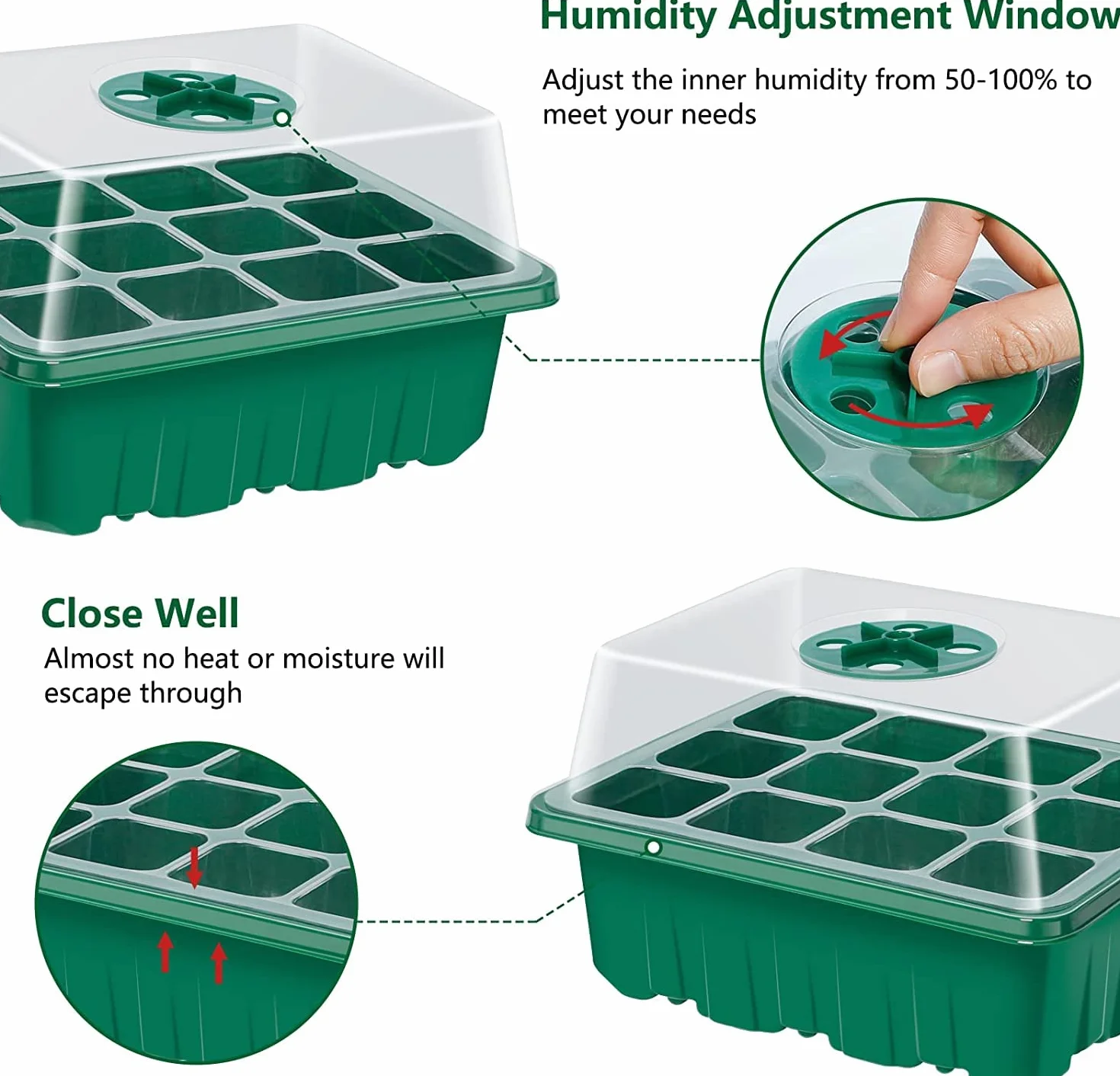 KAHEIGN 12Pcs Plateaux de Démarrage de Semences, 144 Cellules Plastique Très Résistant pour Propagation de Graines avec Dôme De Ventilation Et Socle, 20 étiquettes De Plantes, 2 Semis Outils