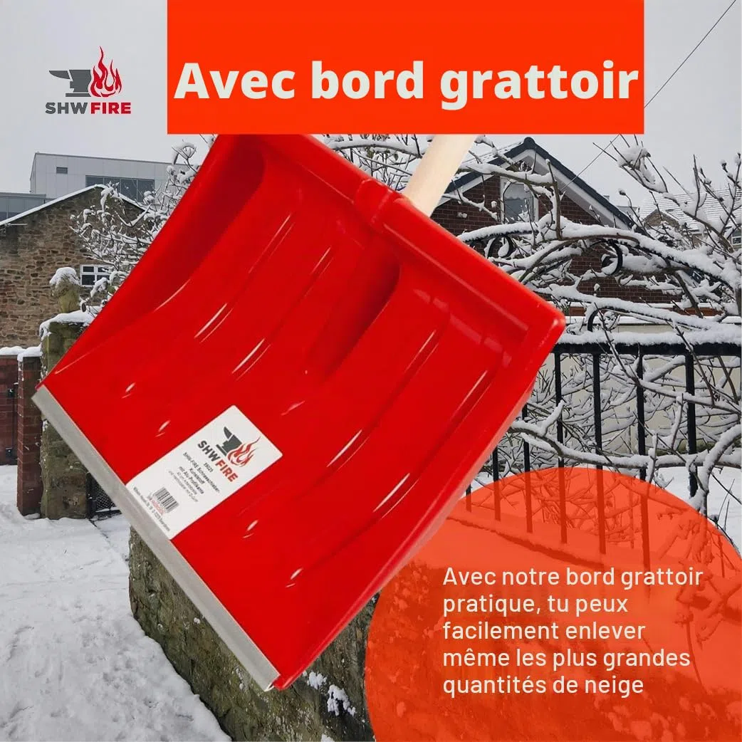 SHW-FIRE Pelle à neige en plastique, avec un manche rond en bois, 110 cm de long