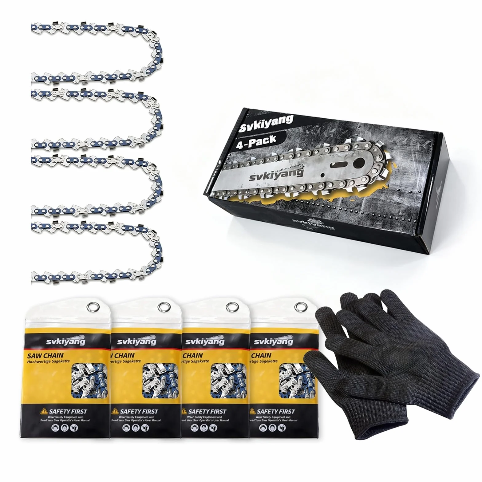 4 chaînes pour tronçonneuse de 30 cm, 3/8 "LP 1,1 mm, 45 TG, chaîne pour tronçonneuse, avec gants de protection et étui, compatible avec Ryobi OCS1830, Bosch AKE30 Li AKE30 S Usw