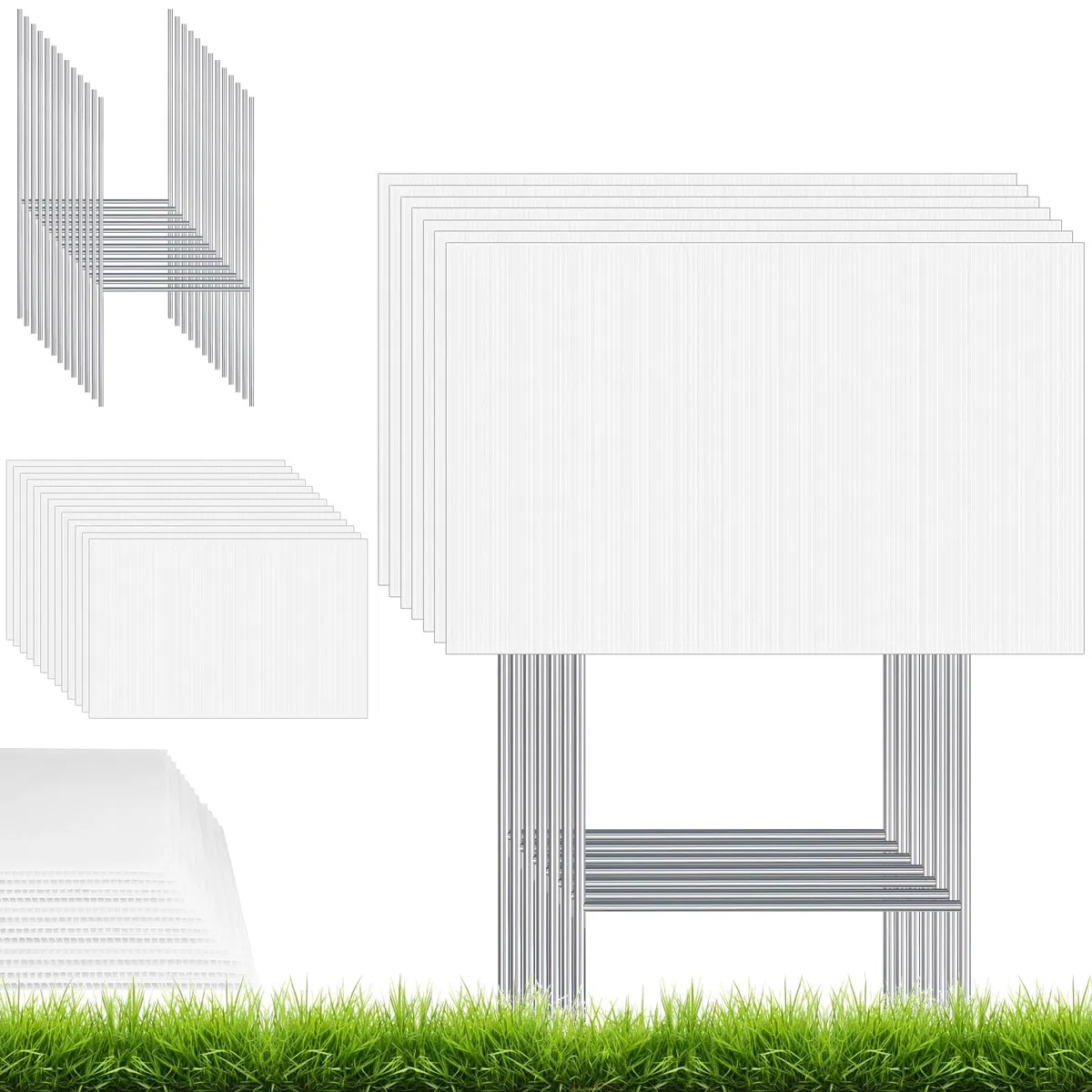 20 Pièces Panneaux de Jardin Blancs avec Piquets – Panneaux Extérieurs en Plastique Alvéolaire 41 x 30 cm avec Supports Métalliques en H, pour Location, Vide-Grenier, Fléchage, Mariage, Fête