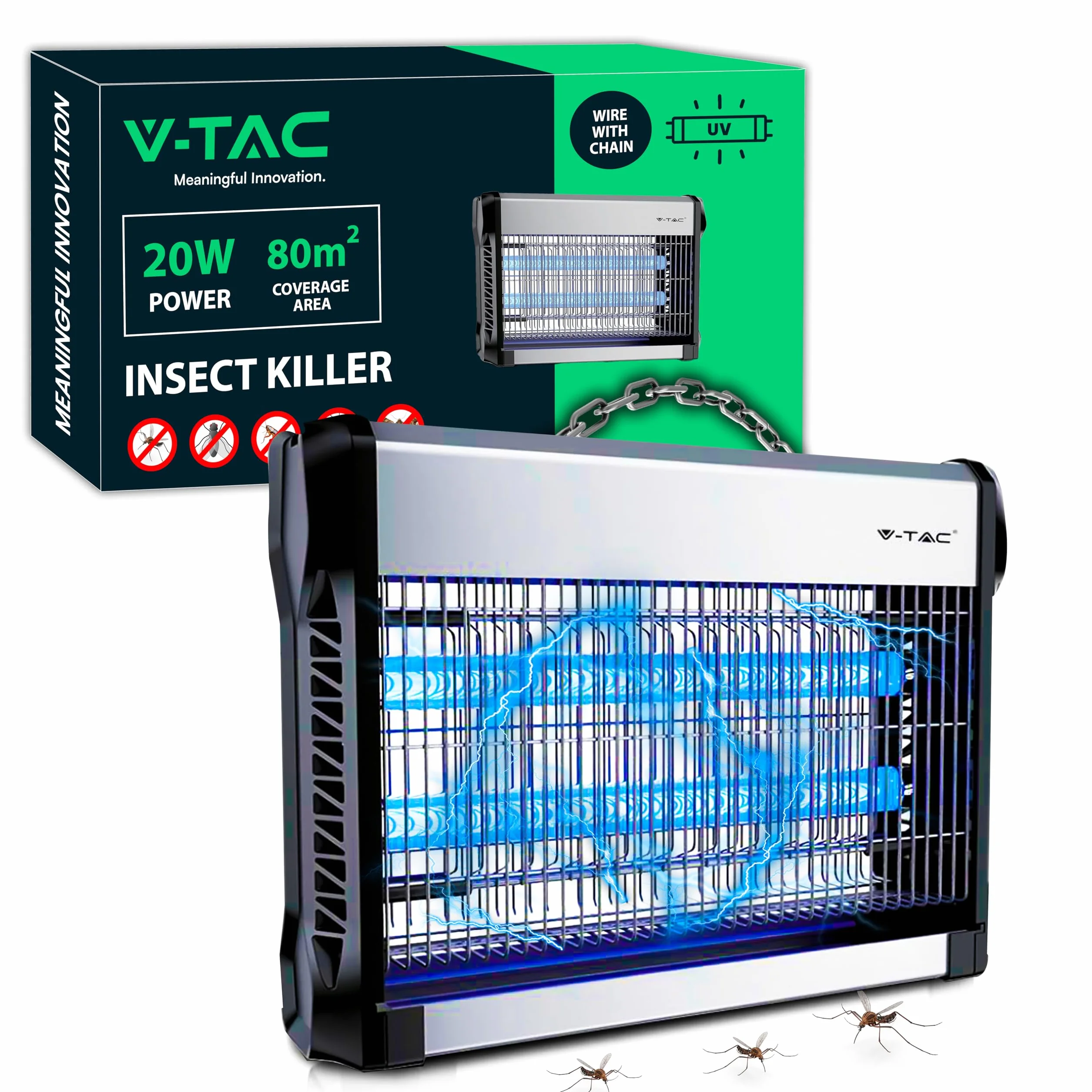 V-TAC Lampe Anti Moustique Électrique 20W avec 80m² de Surface Efficace - Design Slim - Moustiquaire avec Lumière Bleue UV pour Intérieur et Extérieur - Piège Contre Moustiques et Insectes