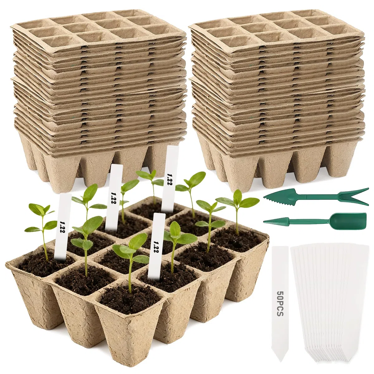 PORFOYO Lot de 50 pots de culture, 600 cellules, biodégradables, en carton, sans tourbe, avec 50 étiquettes et outils