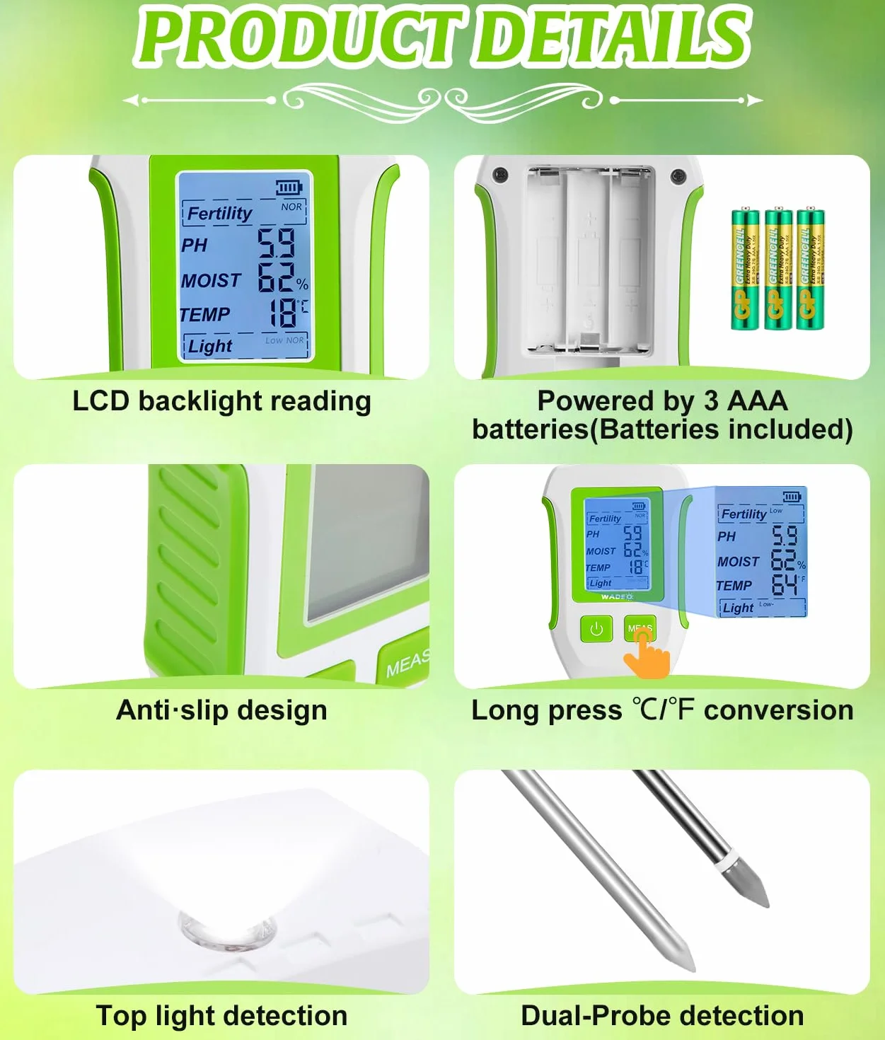 WADEO Testeur de Sol Numérique 5-en-1 avec Écran LCD Rétroéclairé, Mesure Précise du pH, Fertilité, Humidité, Temp. et Lumière, pour Jardinage, Agriculture, Plantes d'Intérieur et d'Extérieur