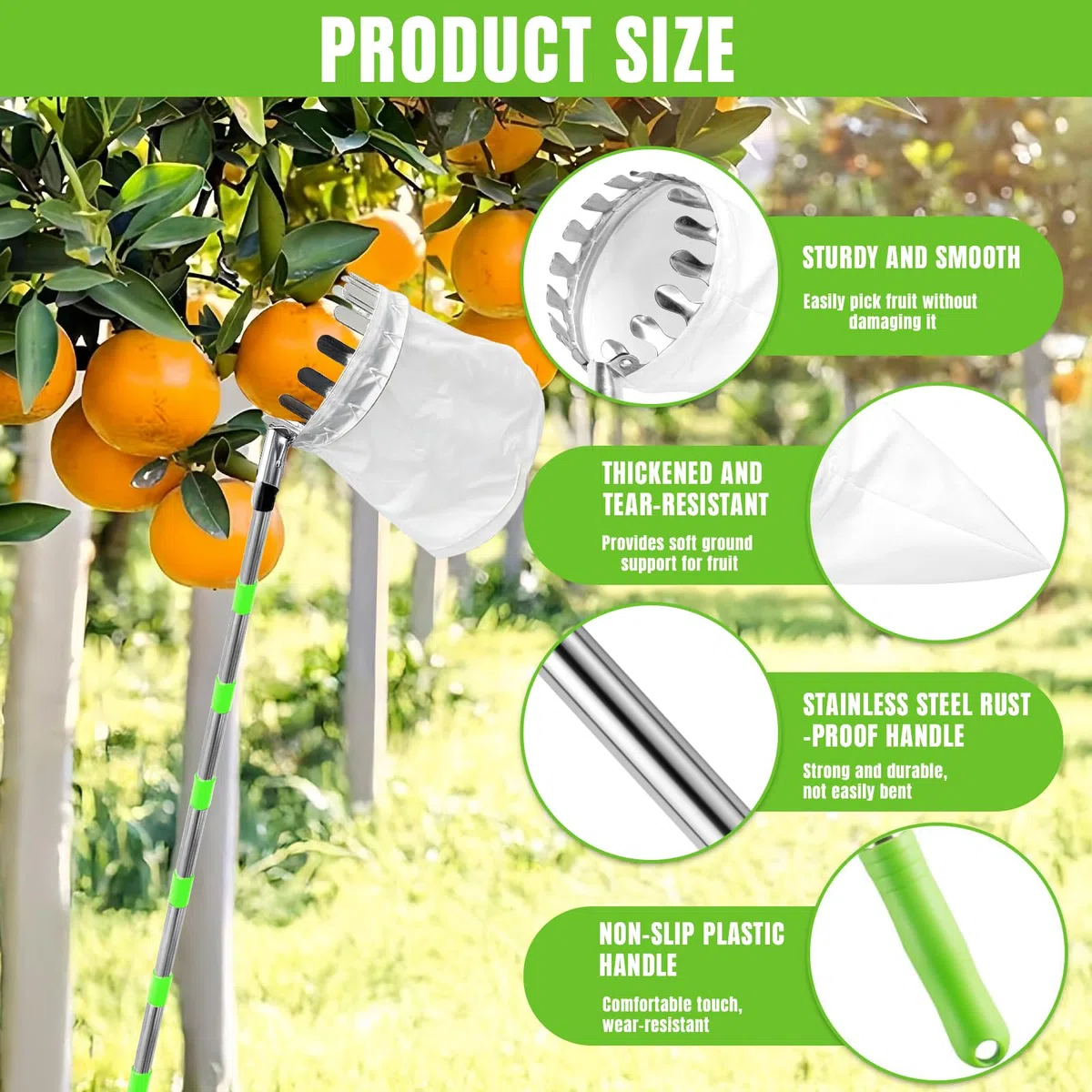 Cueille Fruit Telescopique, Cueille Fruit Avec Manche Télescopique 3.8m, Cueille-Fruits En Acier Inoxydable Avec Sac En Coton, Poteau Réglable Cueille Fruit Pour Pommes Poires Oranges Pêches