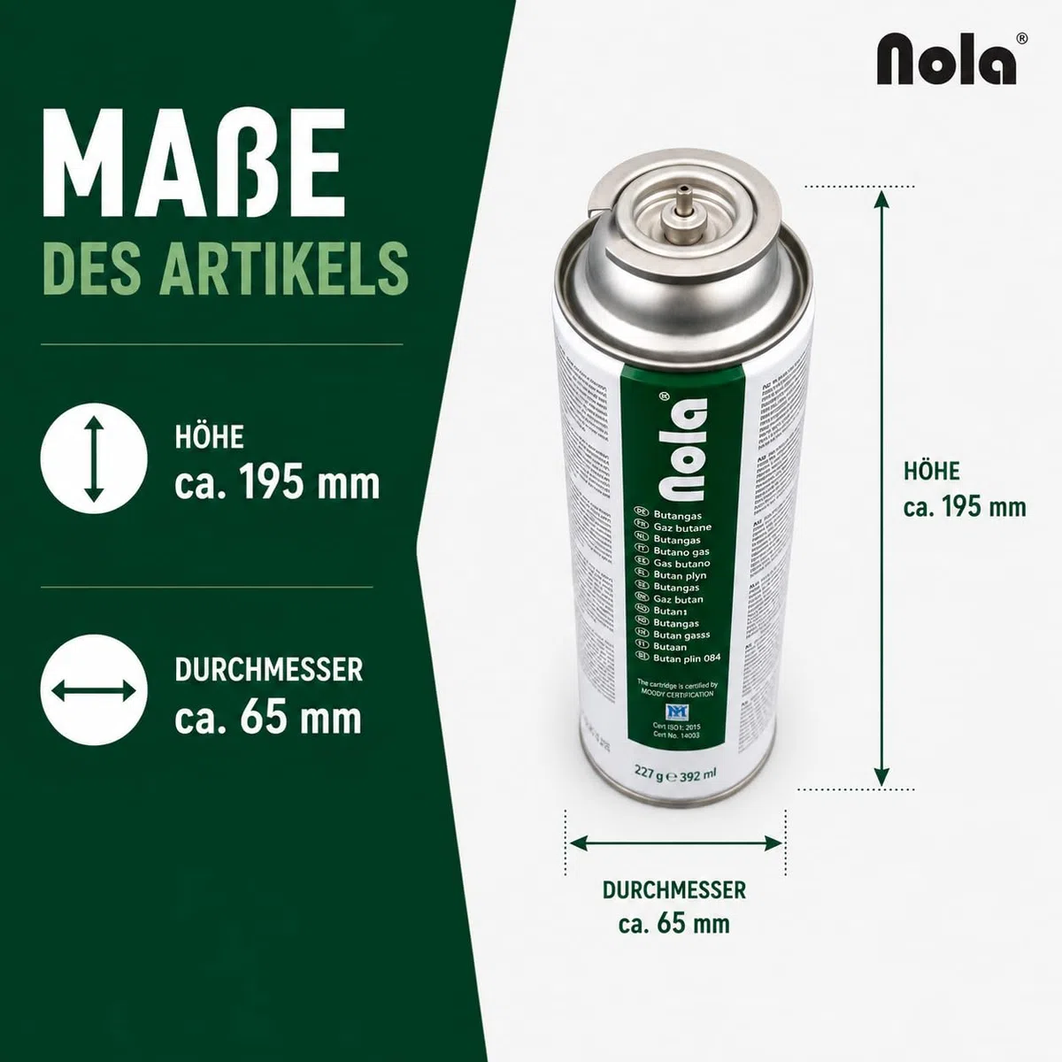 NOLA Lot de 8 cartouches de gaz butane - 227 g - Avec valve (baïonnette) - Cartouches de gaz universelles pour réchaud de camping, chauffage au gaz, désherbeur et appareils d'extérieur - Article 707